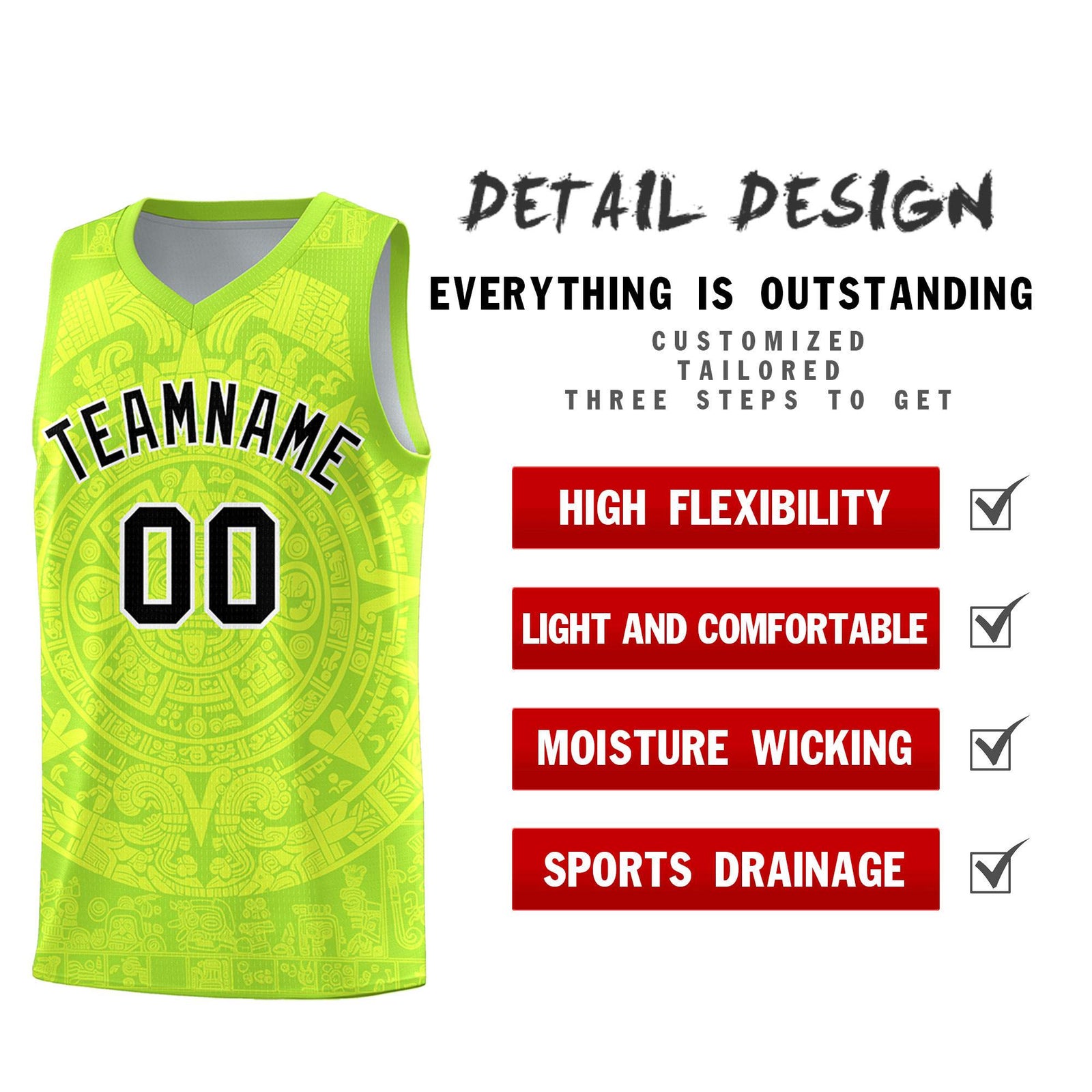 Custom Youth Basketball Jerseys Fluorescent Green Aztec Sun Stone Personalized Uniform