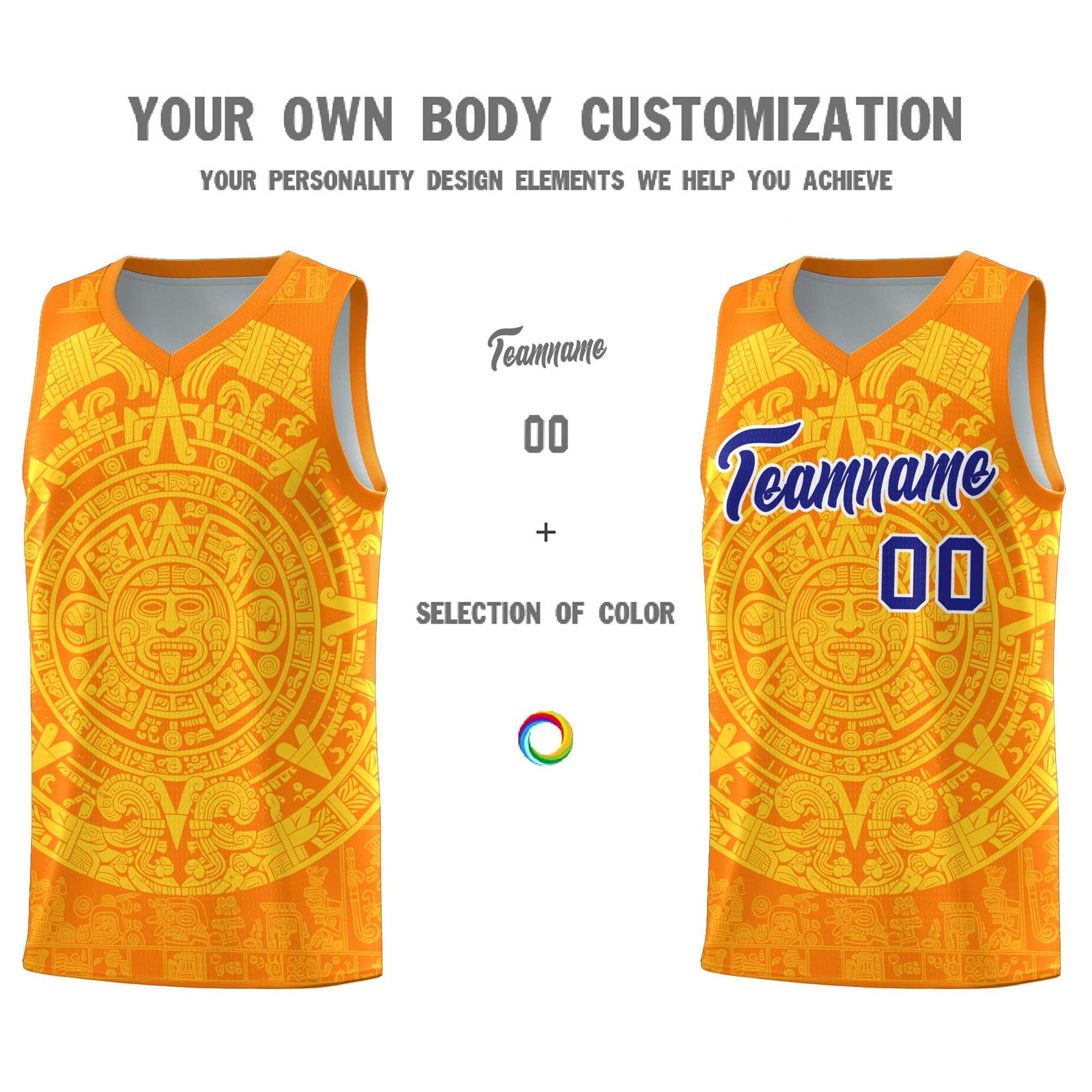 Custom Youth Basketball Jerseys Gold Aztec Sun Stone Design Team Uniform