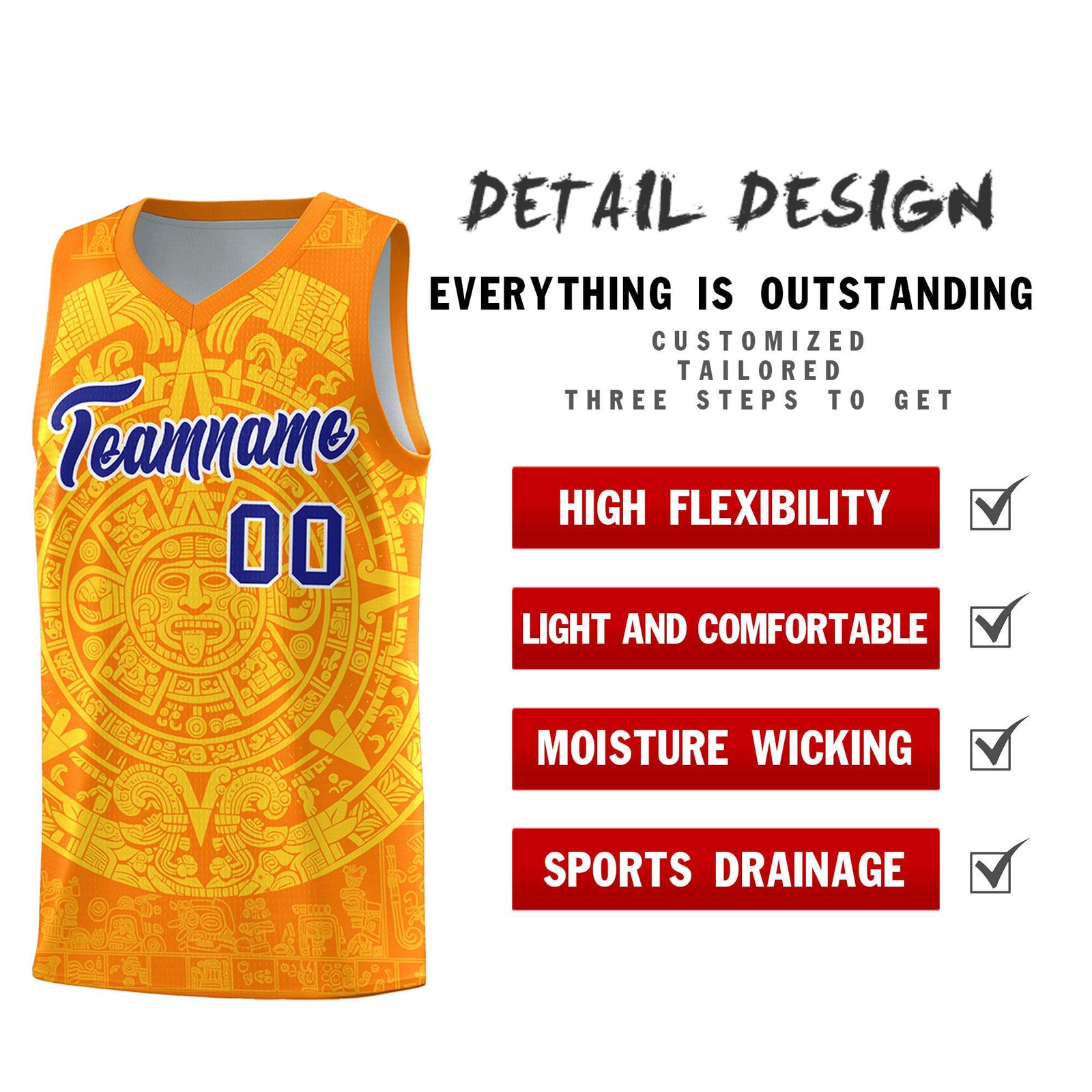Custom Youth Basketball Jerseys Gold Aztec Sun Stone Design Team Uniform