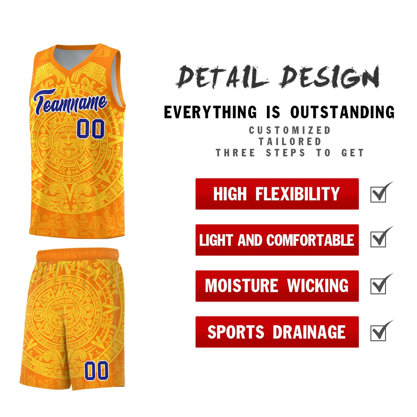 Custom Youth Basketball Jerseys Gold Aztec Sun Stone Design Team Uniform
