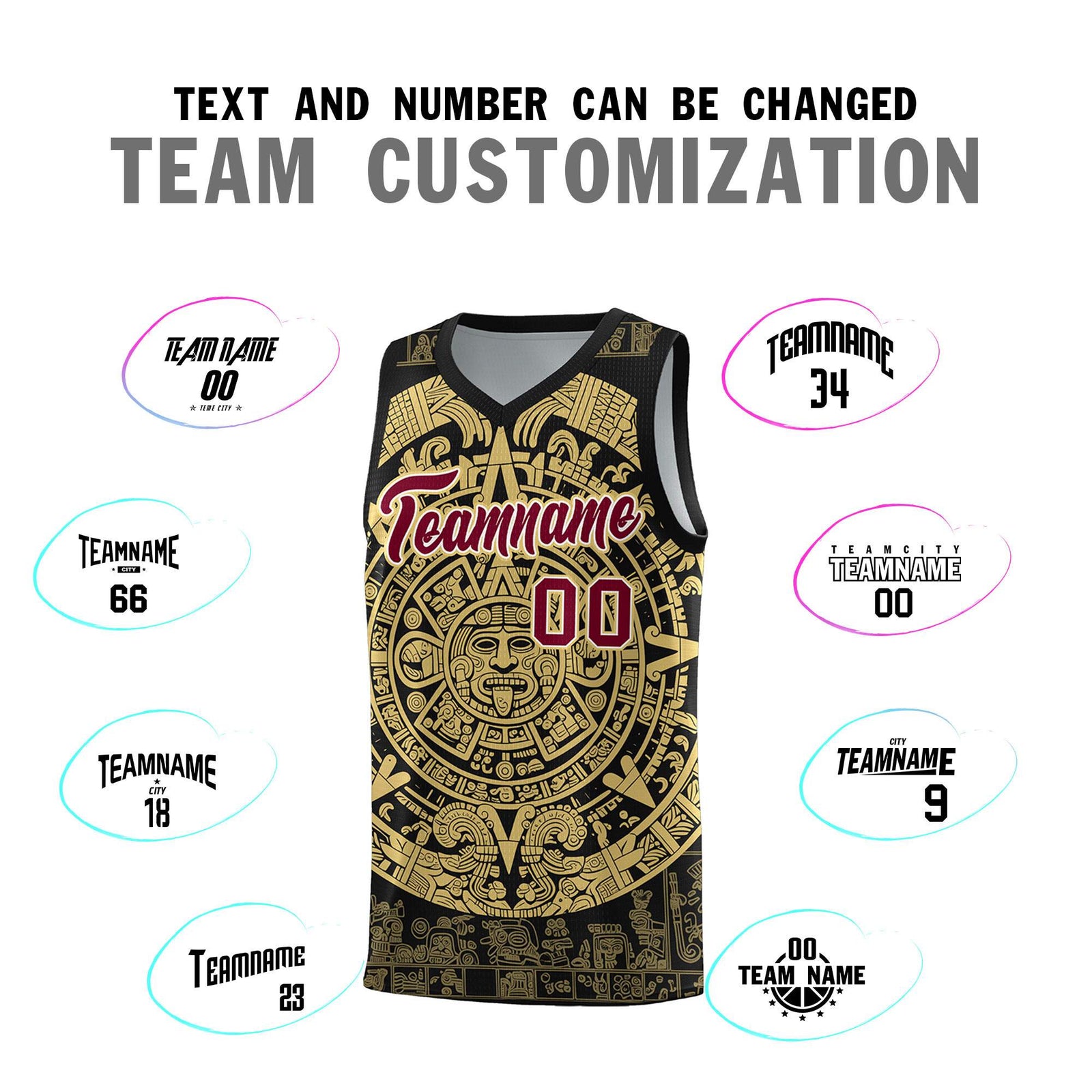 Custom Youth Basketball Jerseys Old Gold Aztec Sun Stone Pattern Custom Team Set