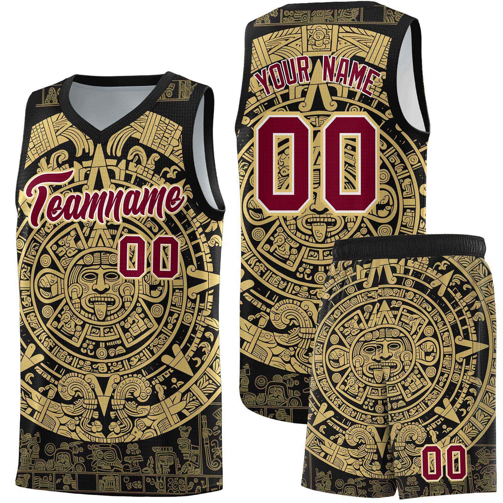 Custom Youth Basketball Jerseys Old Gold Aztec Sun Stone Pattern Custom Team Set