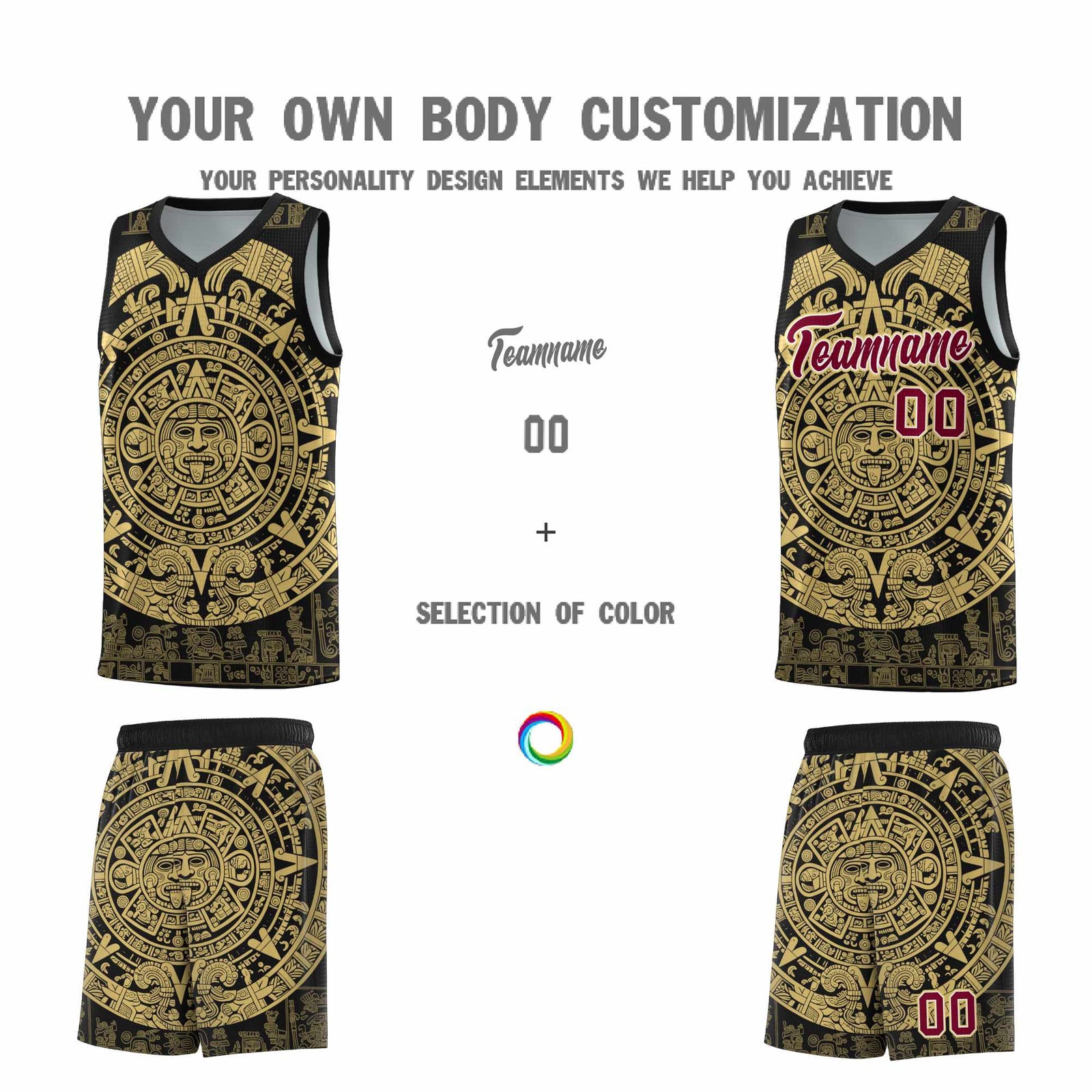 Custom Youth Basketball Jerseys Old Gold Aztec Sun Stone Pattern Custom Team Set