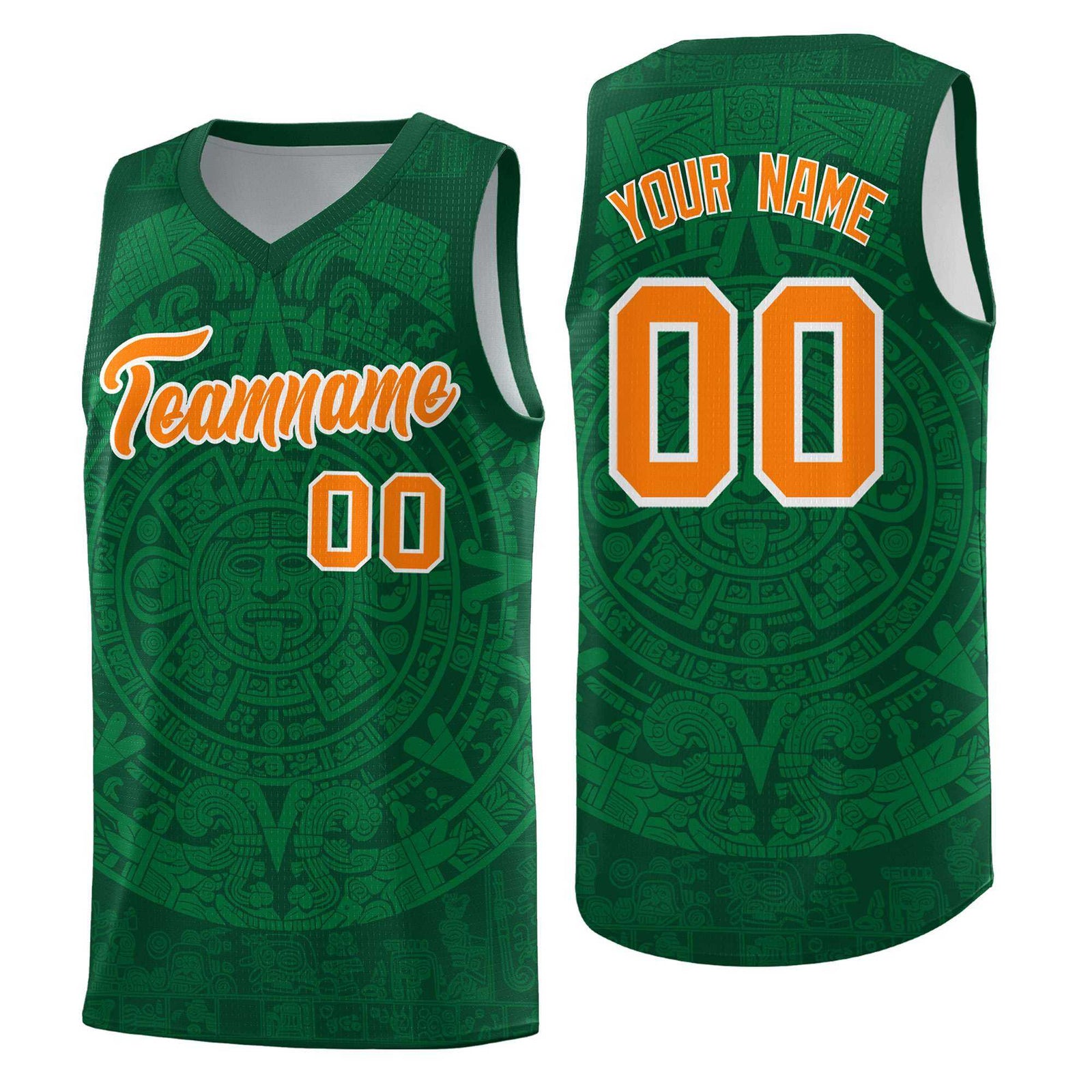 Custom Youth Basketball Jerseys Kelly Green Aztec Sun Stone Personalized Uniform
