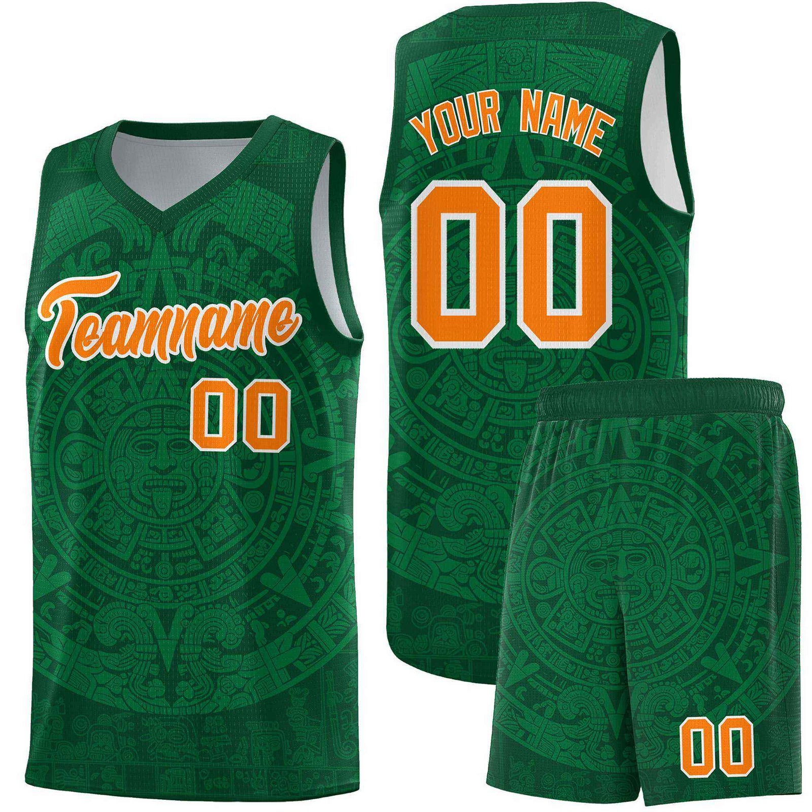 Custom Youth Basketball Jerseys Kelly Green Aztec Sun Stone Personalized Uniform