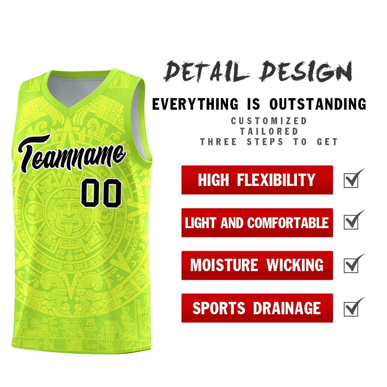 Custom Youth Basketball Jerseys Fluorescent Green Aztec Sun Stone Personalized Uniform
