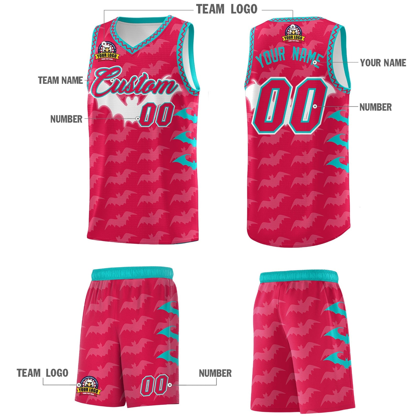 Custom Red White Aqua Bat Pattern Halloween Basketball Jersey | For Men,For Kid,For Youth,Sublimation Printed,Perfect for Training,Perfect for Parties,Add Name and Numbern | KXKSHOP