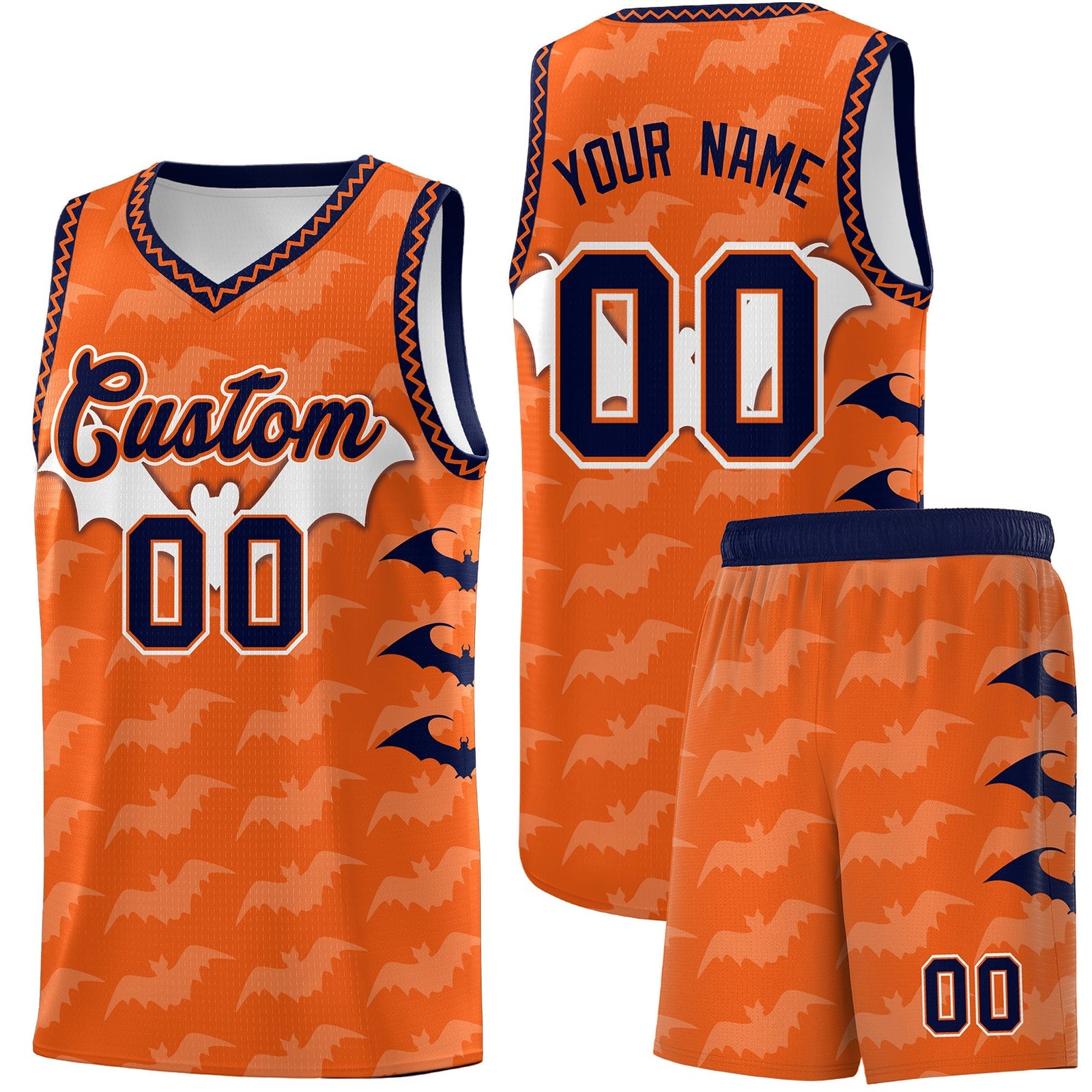 Custom Orange Navy Bat Pattern Halloween Basketball Jersey | For Men,For Kid,For Youth,Sublimation Printed,Perfect for Training,Perfect for Parties,Add Name and Numbern | KXKSHOP