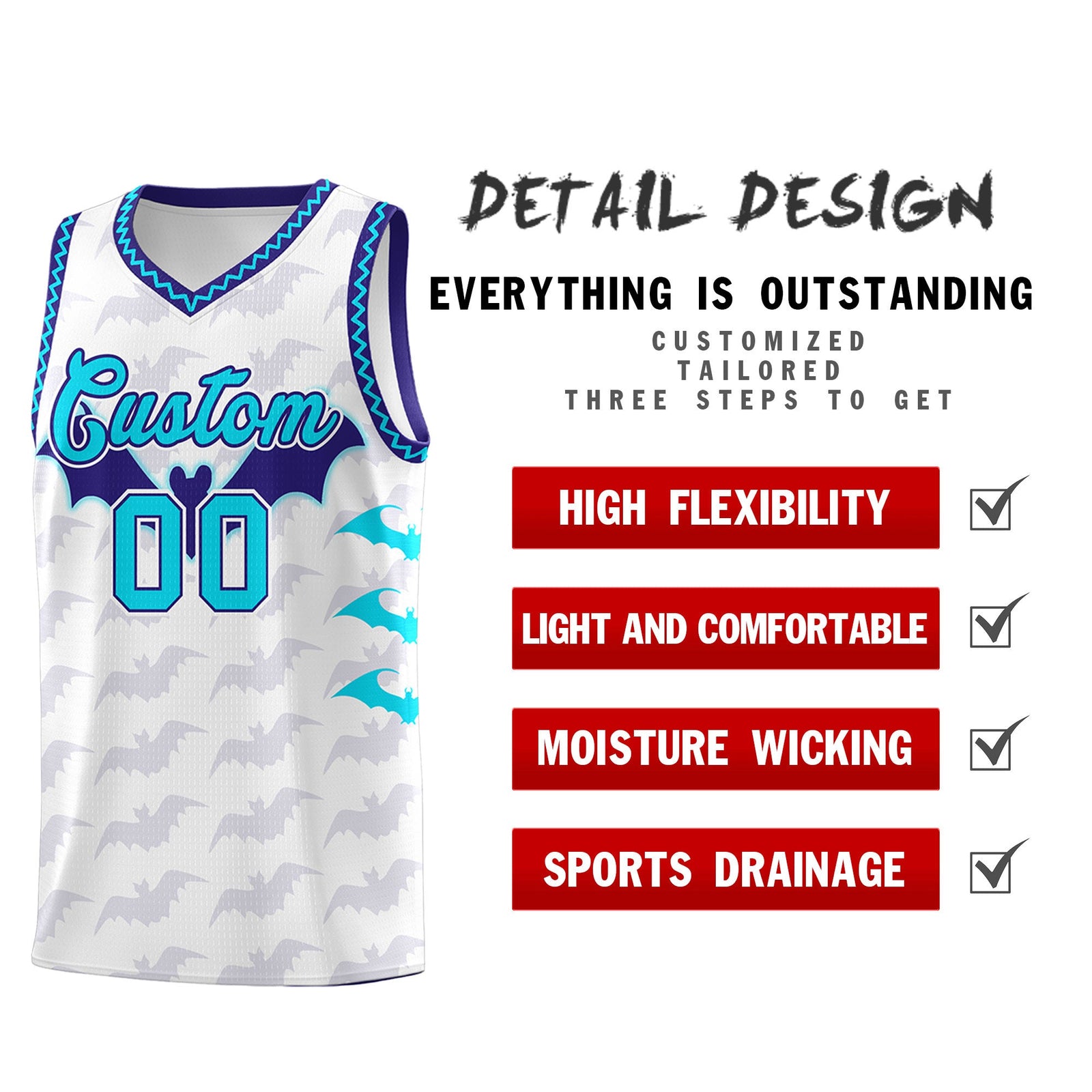 Custom White Sky Blue Bat Pattern Halloween Basketball Jersey | For Men,For Kid,For Youth,Sublimation Printed,Perfect for Training,Perfect for Parties,Add Name and Numbern | KXKSHOP