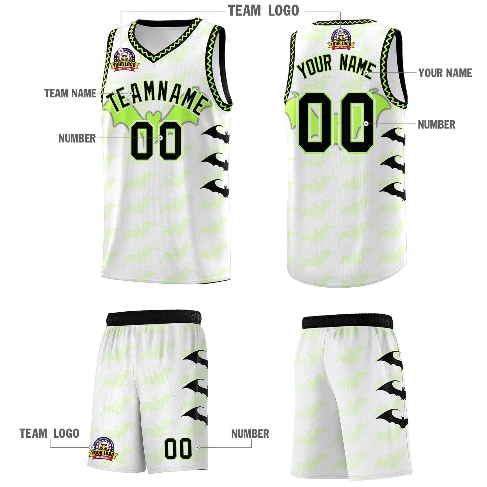Custom White Fluorescent Green Black Bat Pattern Halloween Basketball Jersey | For Men,For Kid,For Youth,Sublimation Printed,Perfect for Training,Perfect for Parties,Add Name and Numbern | KXKSHOP