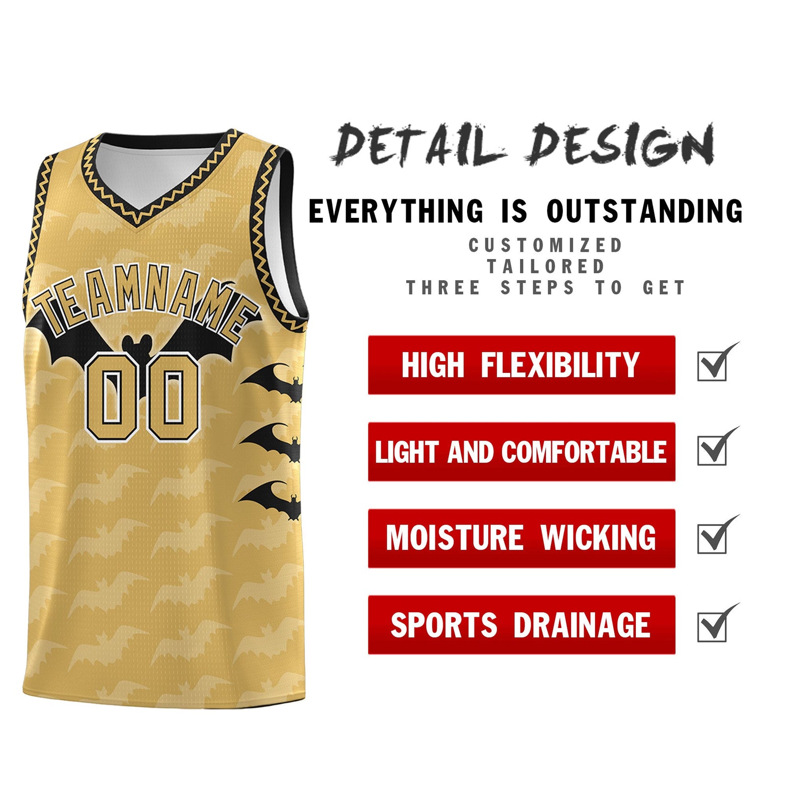 Custom Old Gold Black White Bat Pattern Halloween Basketball Jersey | For Men,For Kid,For Youth,Sublimation Printed,Perfect for Training,Perfect for Parties,Add Name and Numbern | KXKSHOP