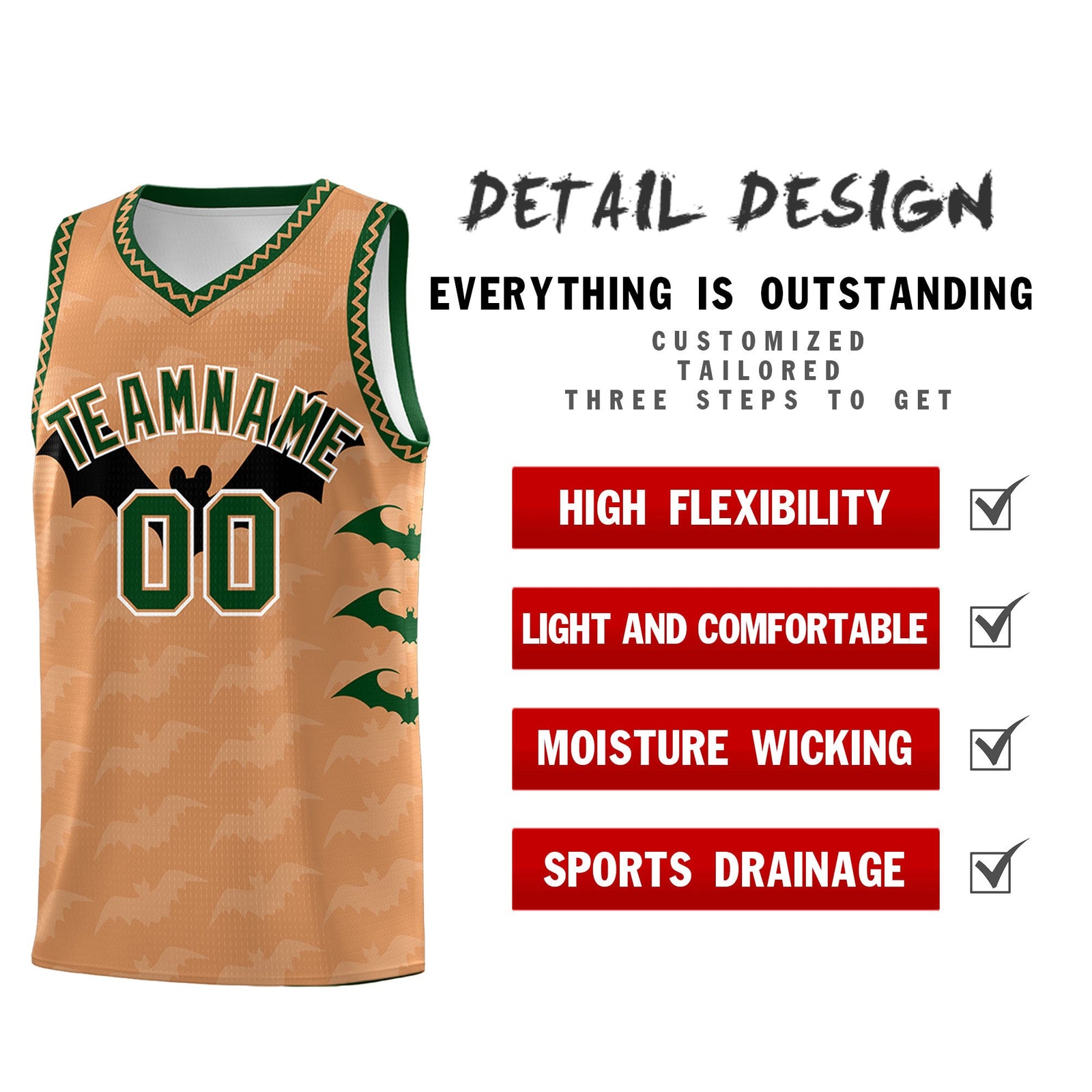 Custom Buckskin Brown Bat Pattern Halloween Basketball Jersey | For Men,For Kid,For Youth,Sublimation Printed,Perfect for Training,Perfect for Parties,Add Name and Numbern | KXKSHOP