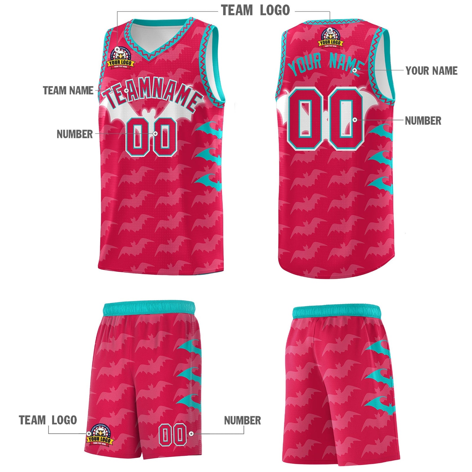 Custom Red White Aqua Bat Pattern Halloween Basketball Jersey | For Men,For Kid,For Youth,Sublimation Printed,Perfect for Training,Perfect for Parties,Add Name and Numbern | KXKSHOP