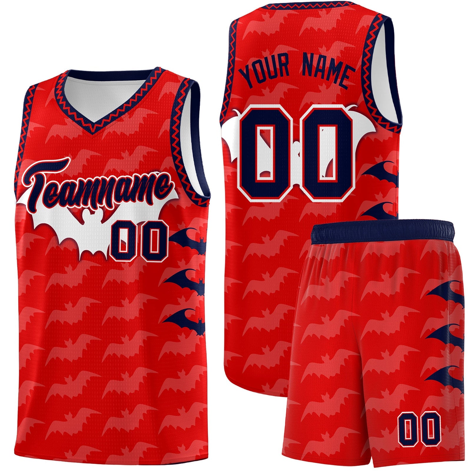 Custom Red White Navy Bat Pattern Halloween Basketball Jersey | For Men,For Kid,For Youth,Sublimation Printed,Perfect for Training,Perfect for Parties,Add Name and Numbern | KXKSHOP