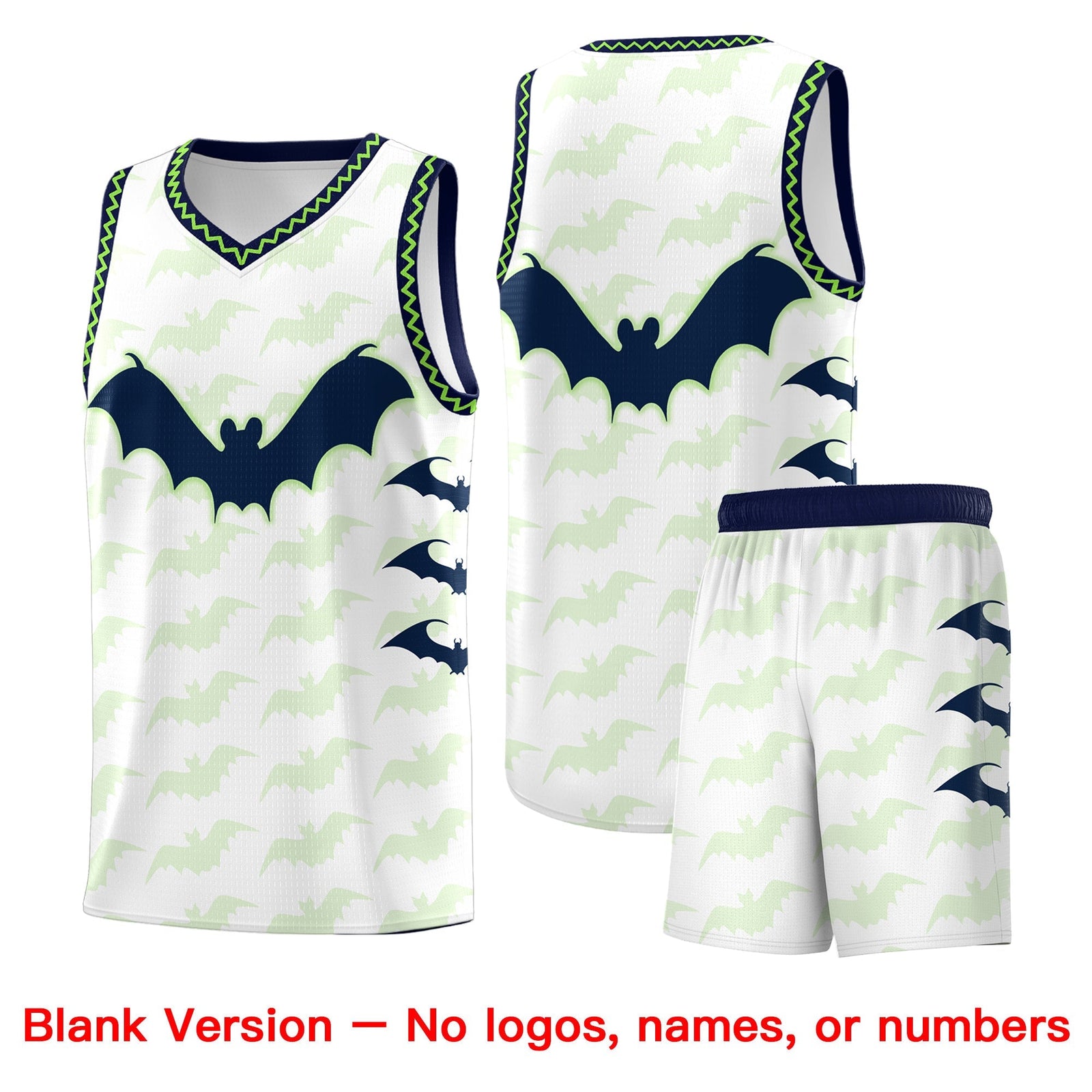 Custom White Fluorescent Green Navy Bat Pattern Halloween Basketball Jersey | For Men,For Kid,For Youth,Sublimation Printed,Perfect for Training,Perfect for Parties,Add Name and Numbern | KXKSHOP