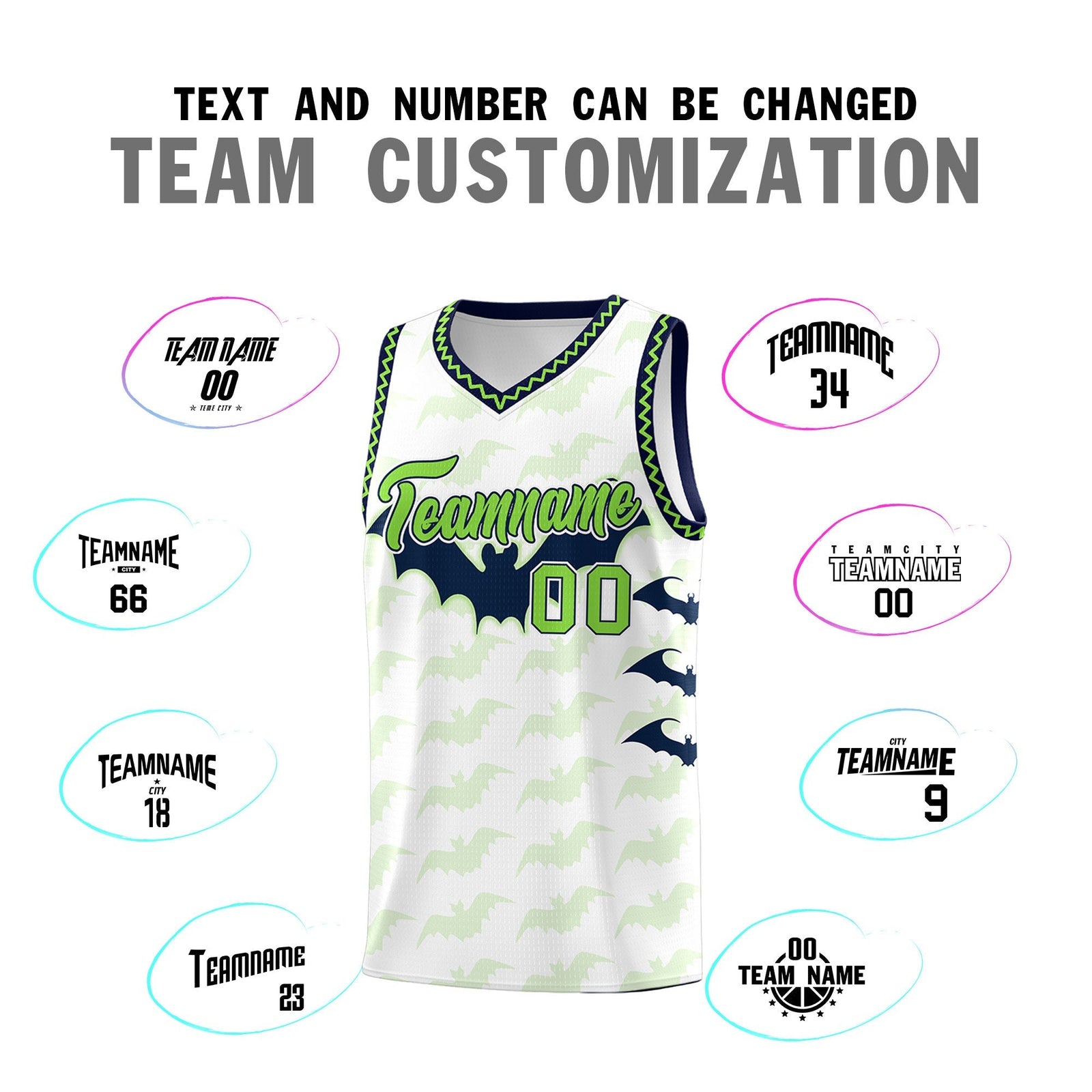 Custom White Fluorescent Green Navy Bat Pattern Halloween Basketball Jersey | For Men,For Kid,For Youth,Sublimation Printed,Perfect for Training,Perfect for Parties,Add Name and Numbern | KXKSHOP