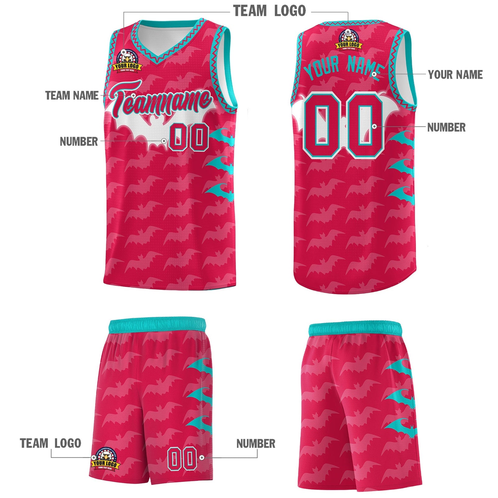 Custom Red White Aqua Bat Pattern Halloween Basketball Jersey | For Men,For Kid,For Youth,Sublimation Printed,Perfect for Training,Perfect for Parties,Add Name and Numbern | KXKSHOP