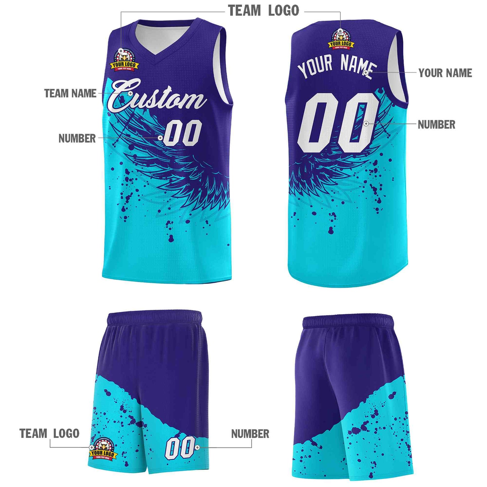 Custom Sky Blue Royal Wing Pattern Sports Uniform Basketball Jersey| KXKSHOP
