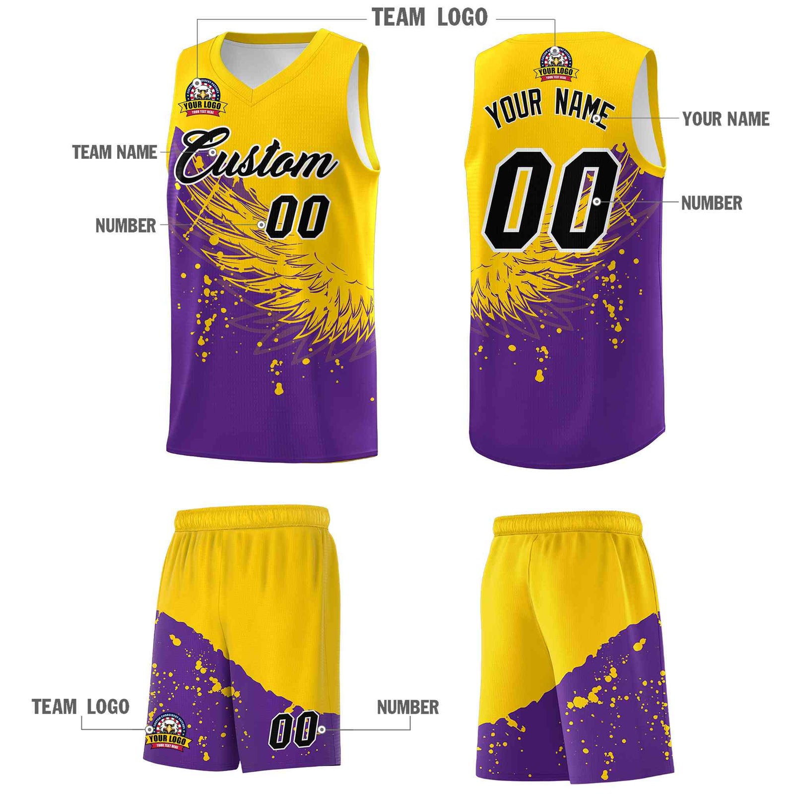 Custom Purple Gold Wing Pattern Sports Uniform Basketball Jersey| KXKSHOP