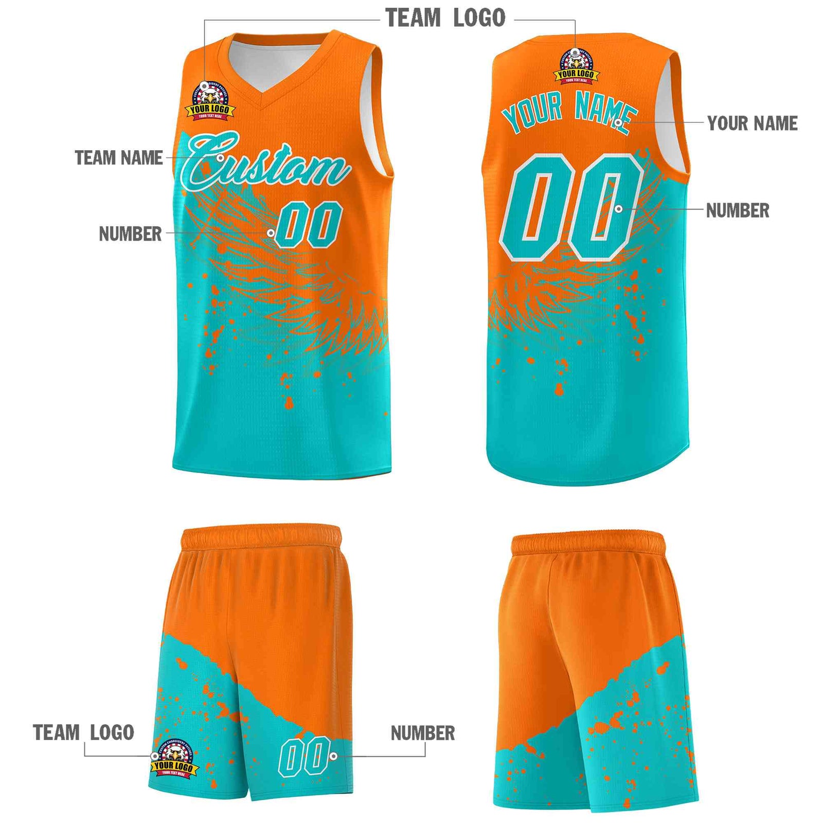 Custom Aqua Orange Wing Pattern Sports Uniform Basketball Jersey| KXKSHOP