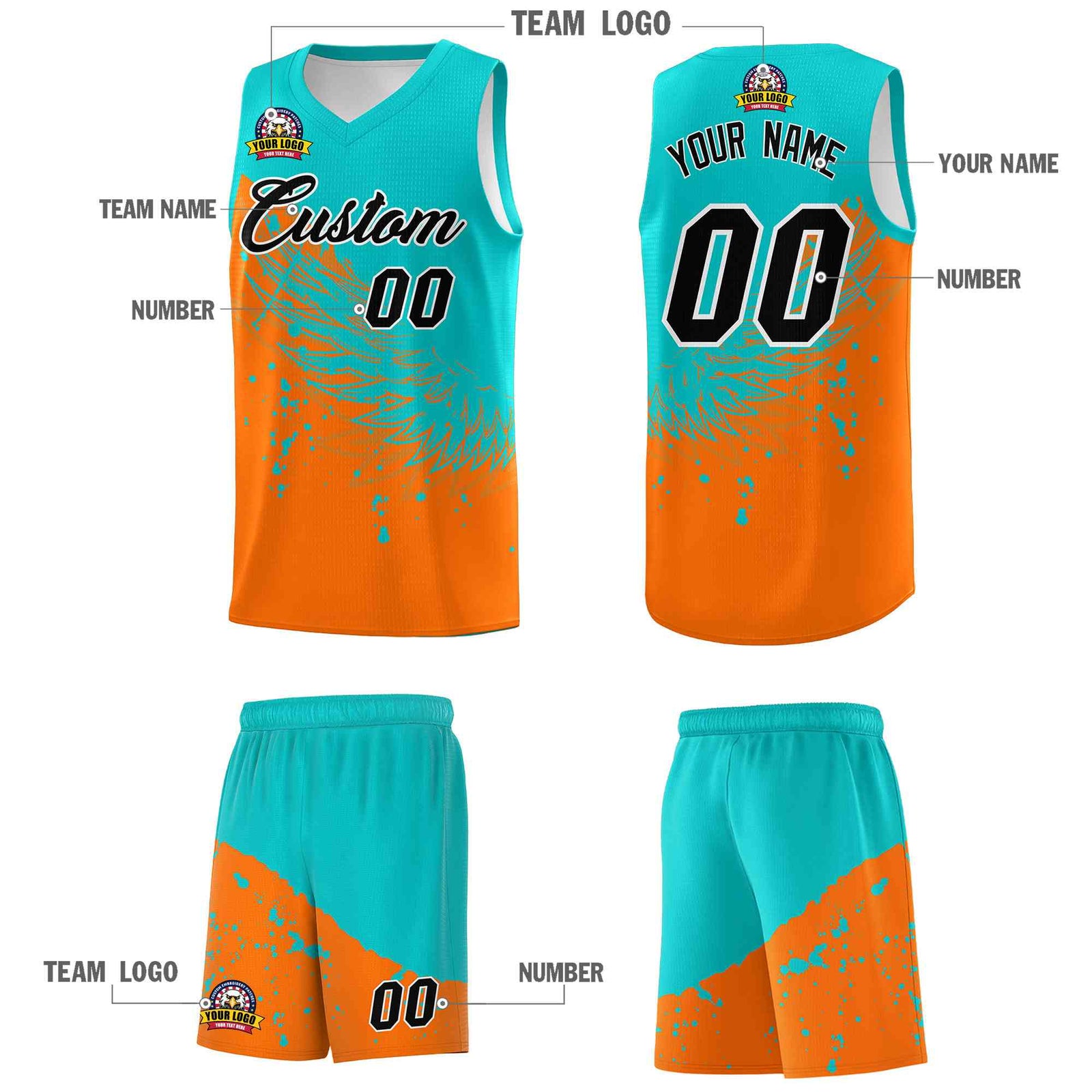 Custom Orange Aqua Wing Pattern Sports Uniform Basketball Jersey| KXKSHOP
