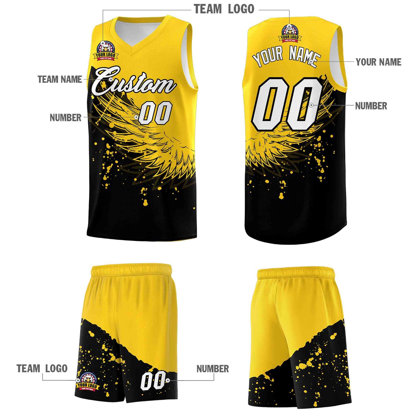 Custom Black Gold Wing Pattern Sports Uniform Basketball Jersey| KXKSHOP