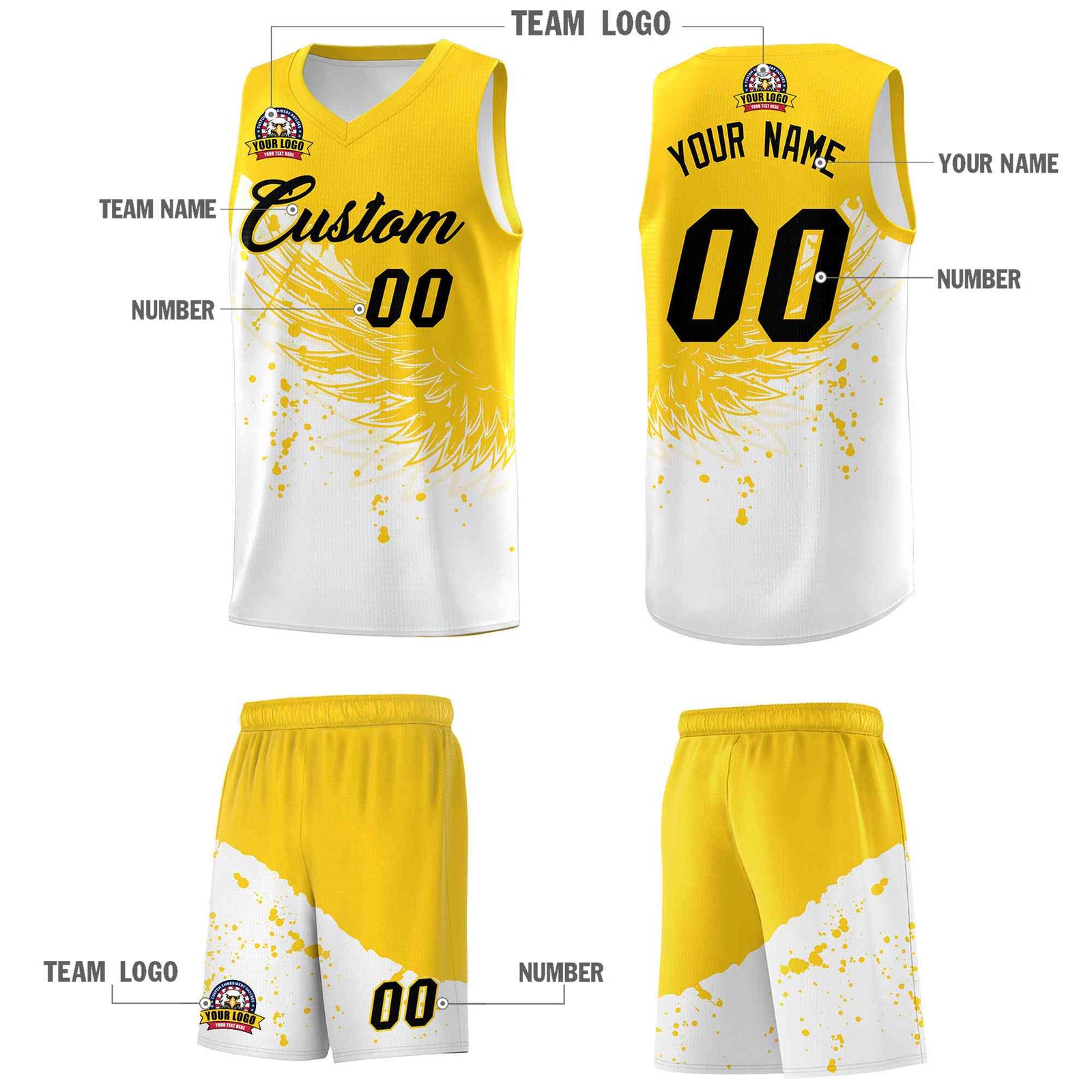 Custom White Gold Wing Pattern Sports Uniform Basketball Jersey| KXKSHOP