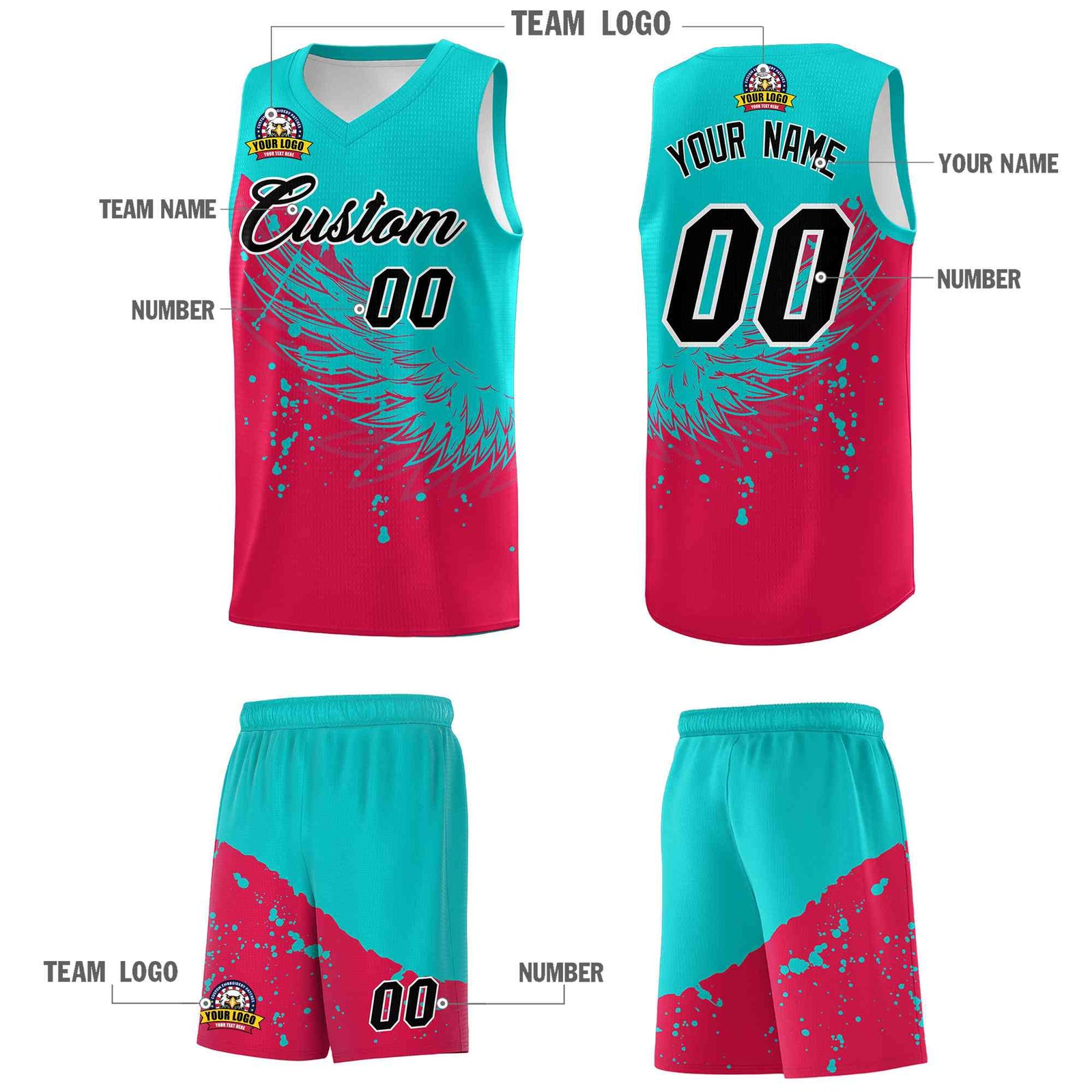 Custom Red Aqua Wing Pattern Sports Uniform Basketball Jersey| KXKSHOP