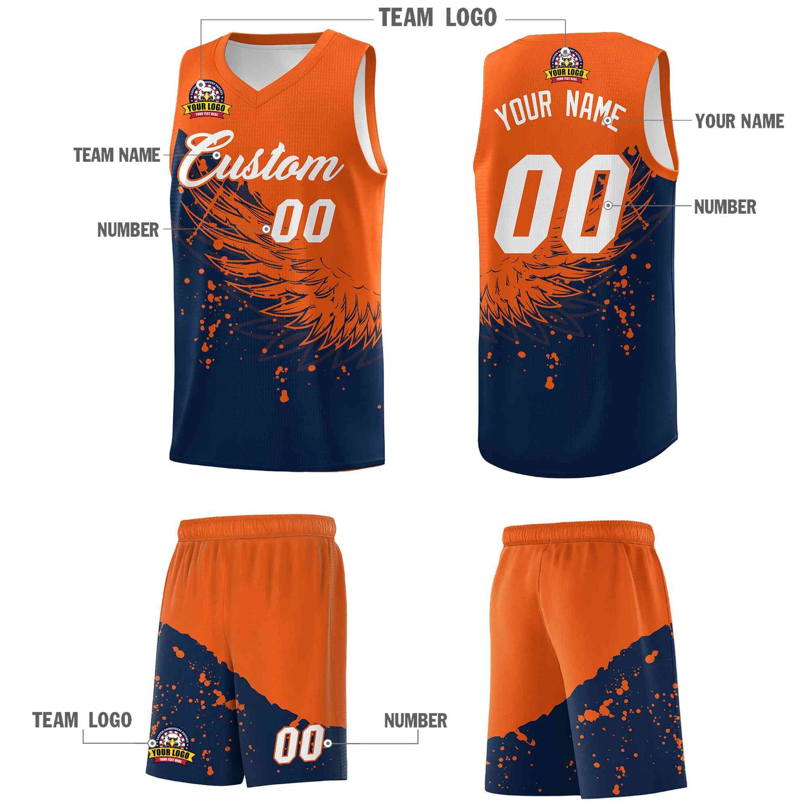Custom Navy Orange Wing Pattern Sports Uniform Basketball Jersey| KXKSHOP