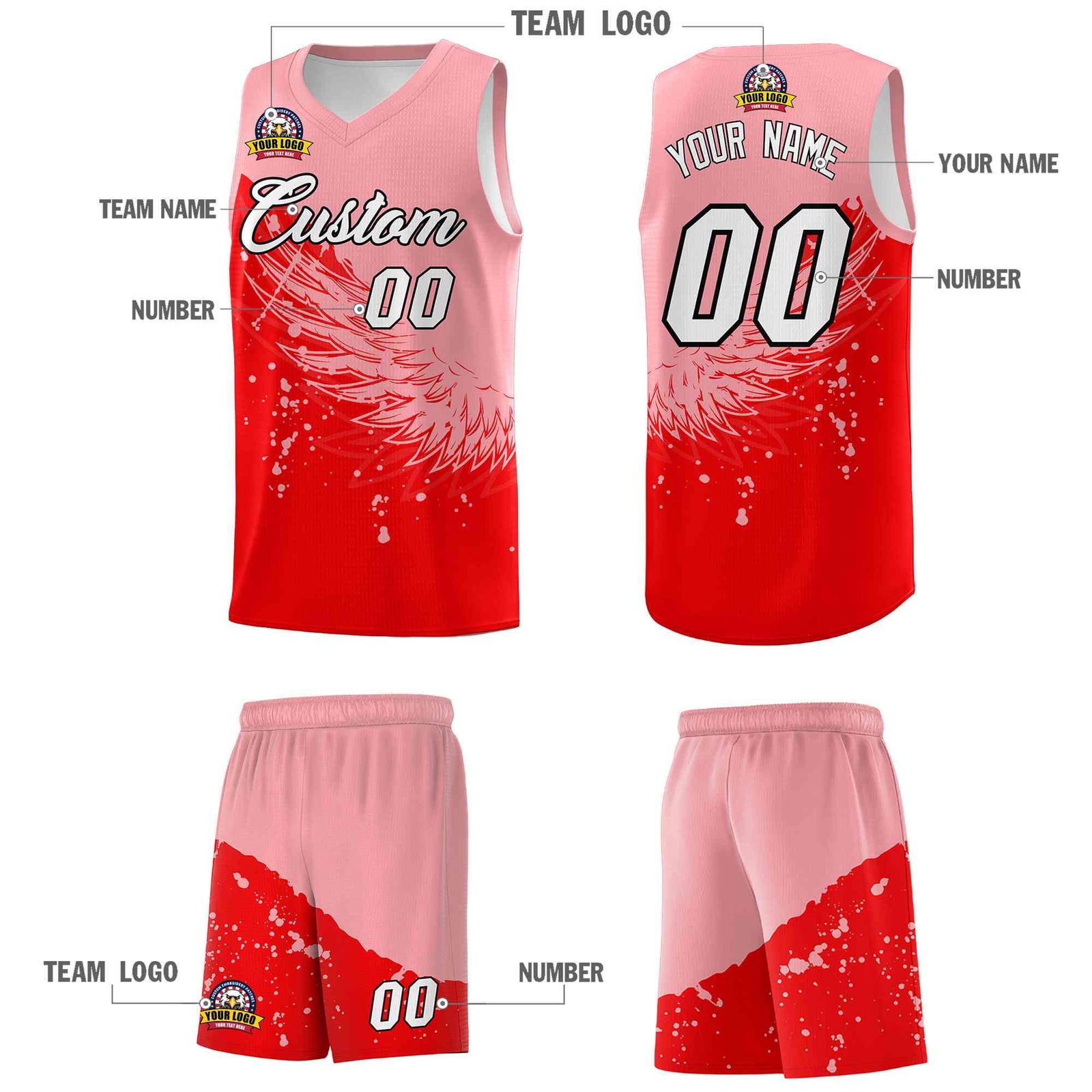 Custom Light Red Light Pink Wing Pattern Sports Uniform Basketball Jersey| KXKSHOP