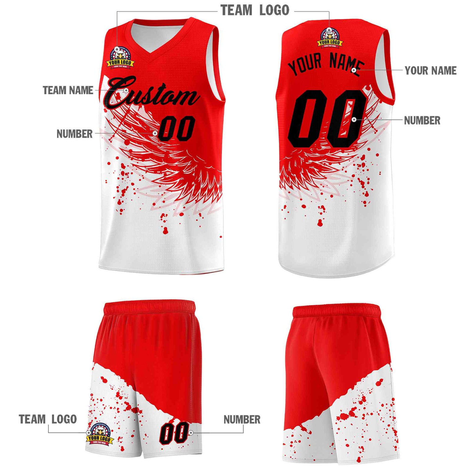 Custom White Light Red Wing Pattern Sports Uniform Basketball Jersey| KXKSHOP