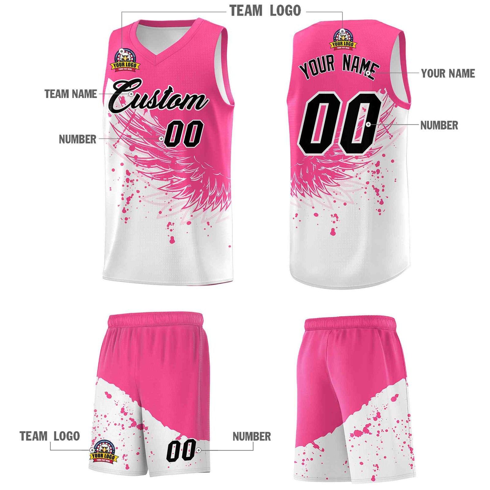 Custom White Pink Wing Pattern Sports Uniform Basketball Jersey| KXKSHOP