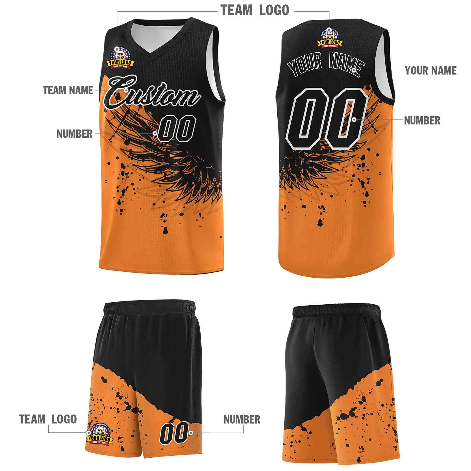Custom Gold Orange Black Wing Pattern Sports Uniform Basketball Jersey| KXKSHOP