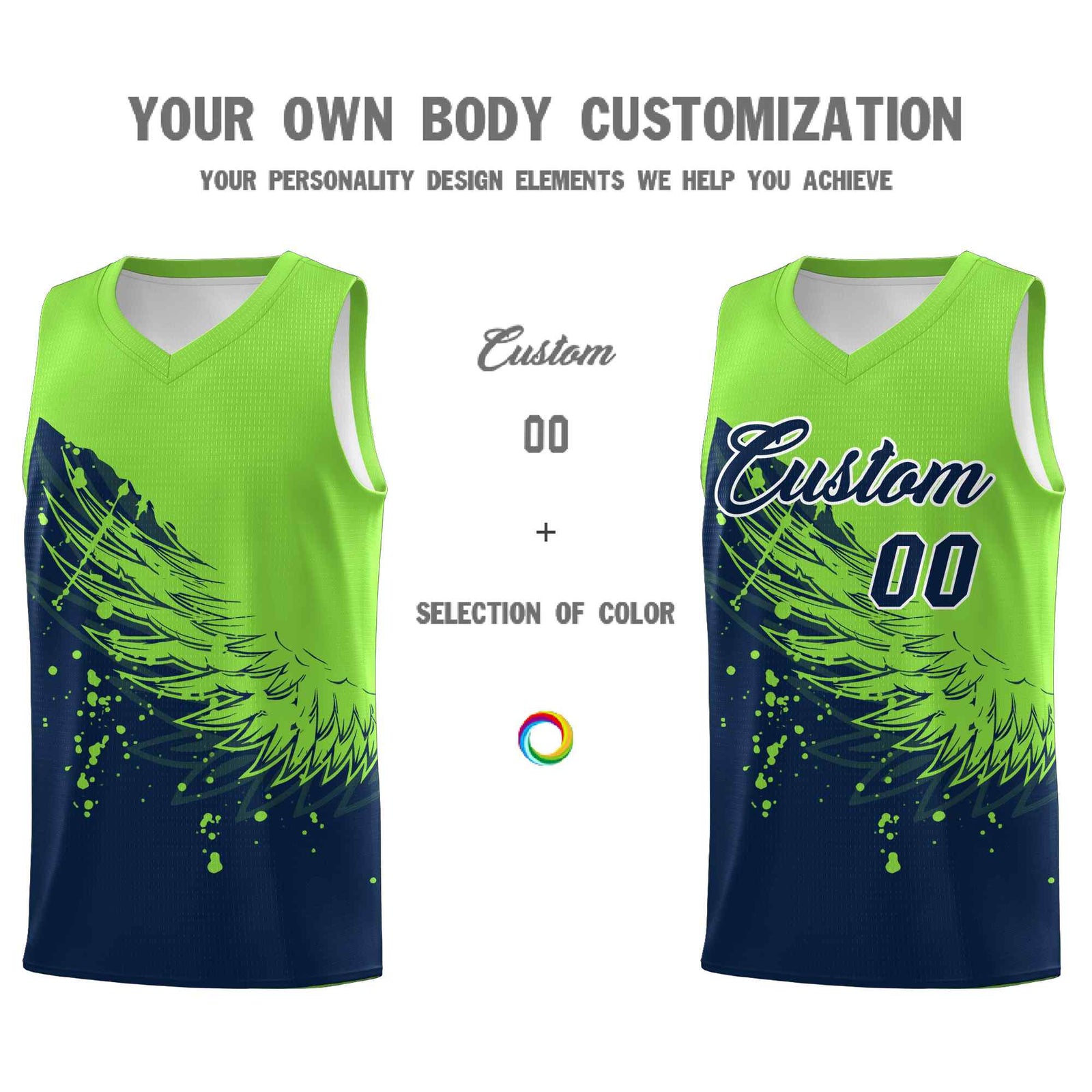 Custom Navy Fluorescent Green Wing Pattern Sports Uniform Basketball Jersey| KXKSHOP