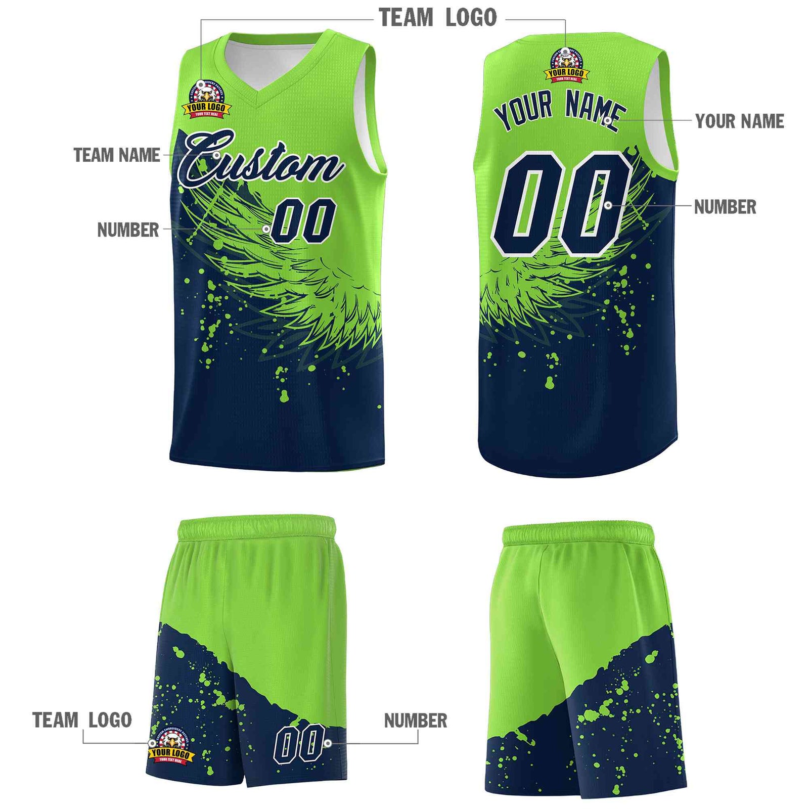 Custom Navy Fluorescent Green Wing Pattern Sports Uniform Basketball Jersey| KXKSHOP