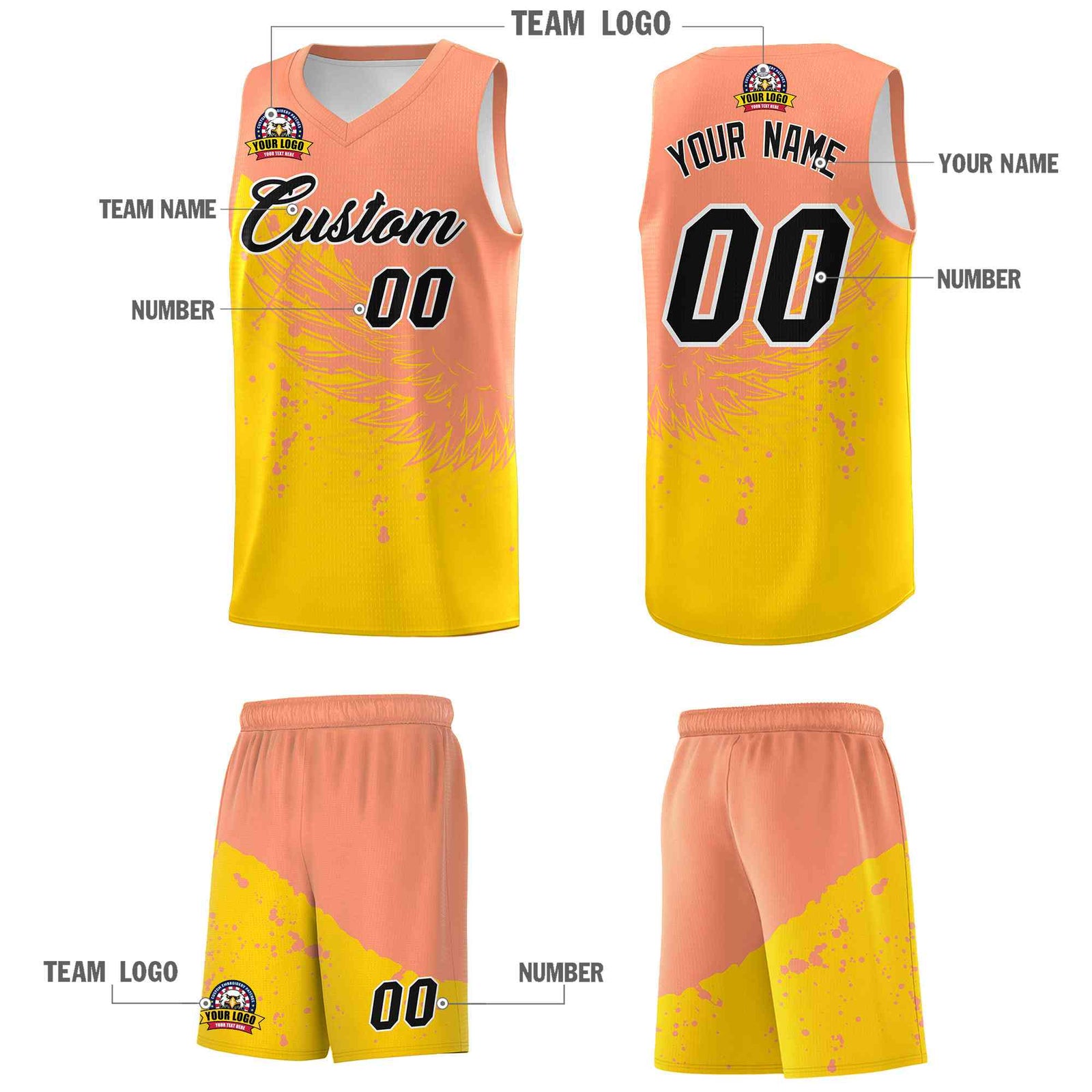 Custom Gold Light Orange Wing Pattern Sports Uniform Basketball Jersey| KXKSHOP