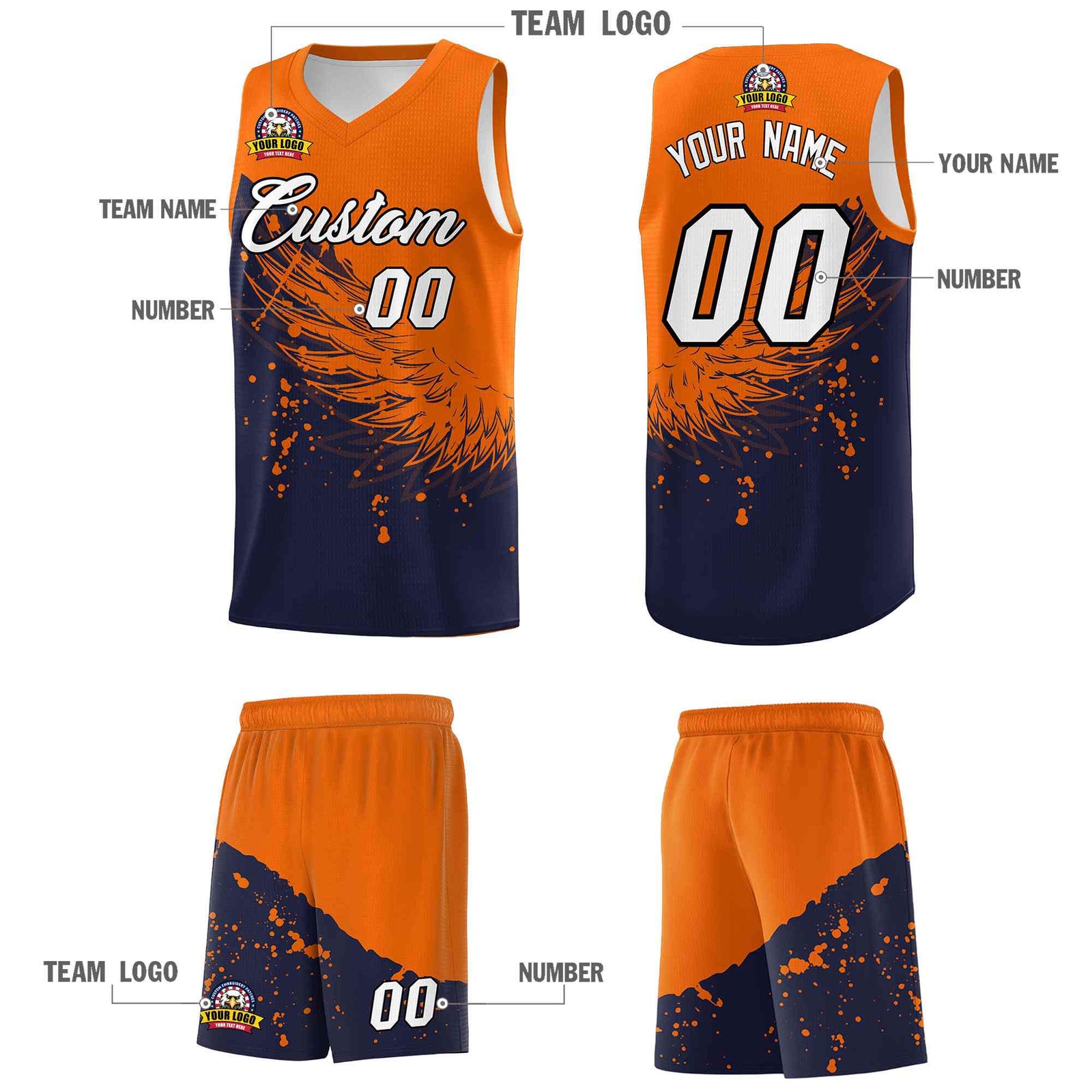 Custom Navy Orange Wing Pattern Sports Uniform Basketball Jersey| KXKSHOP