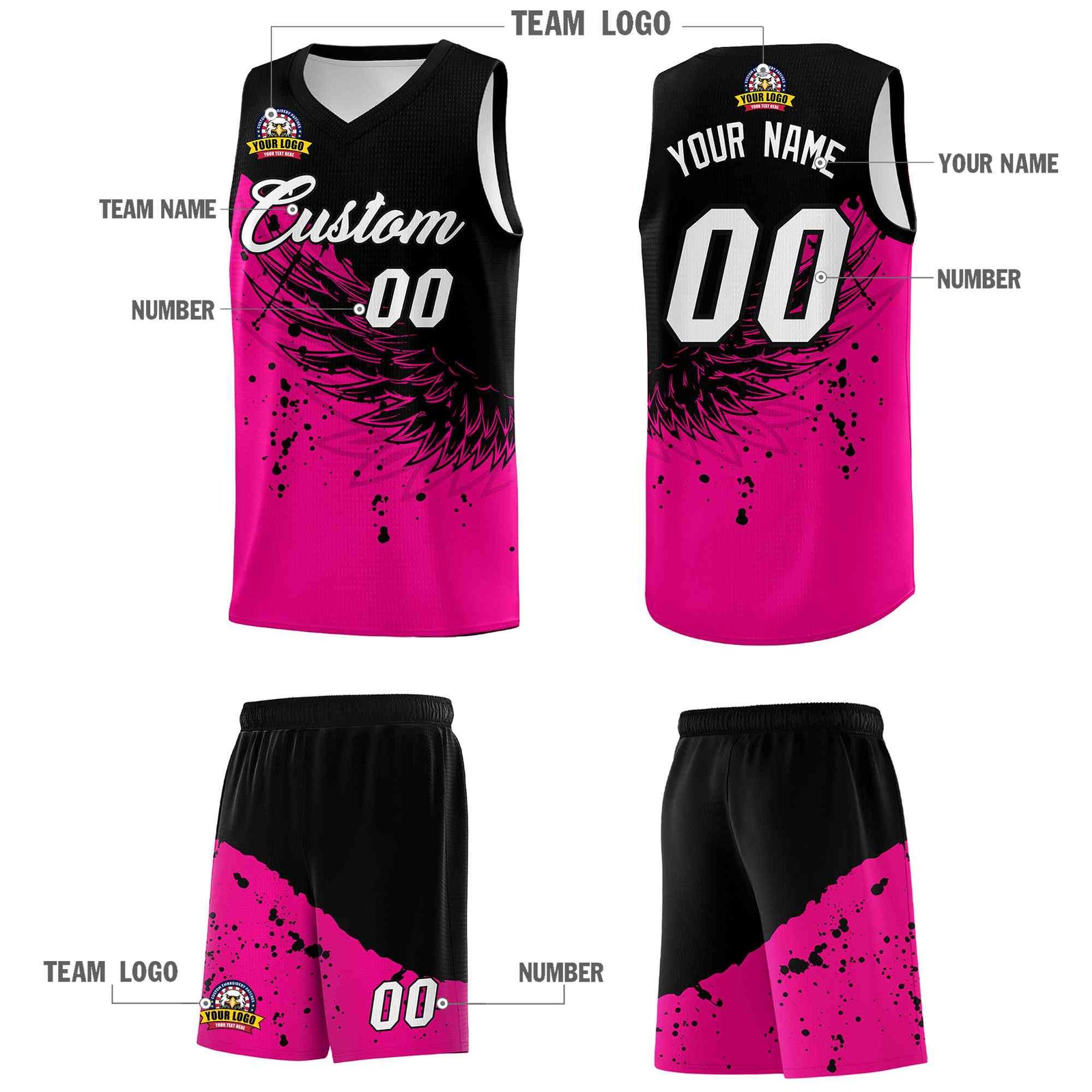 Custom Pink Black Wing Pattern Sports Uniform Basketball Jersey| KXKSHOP