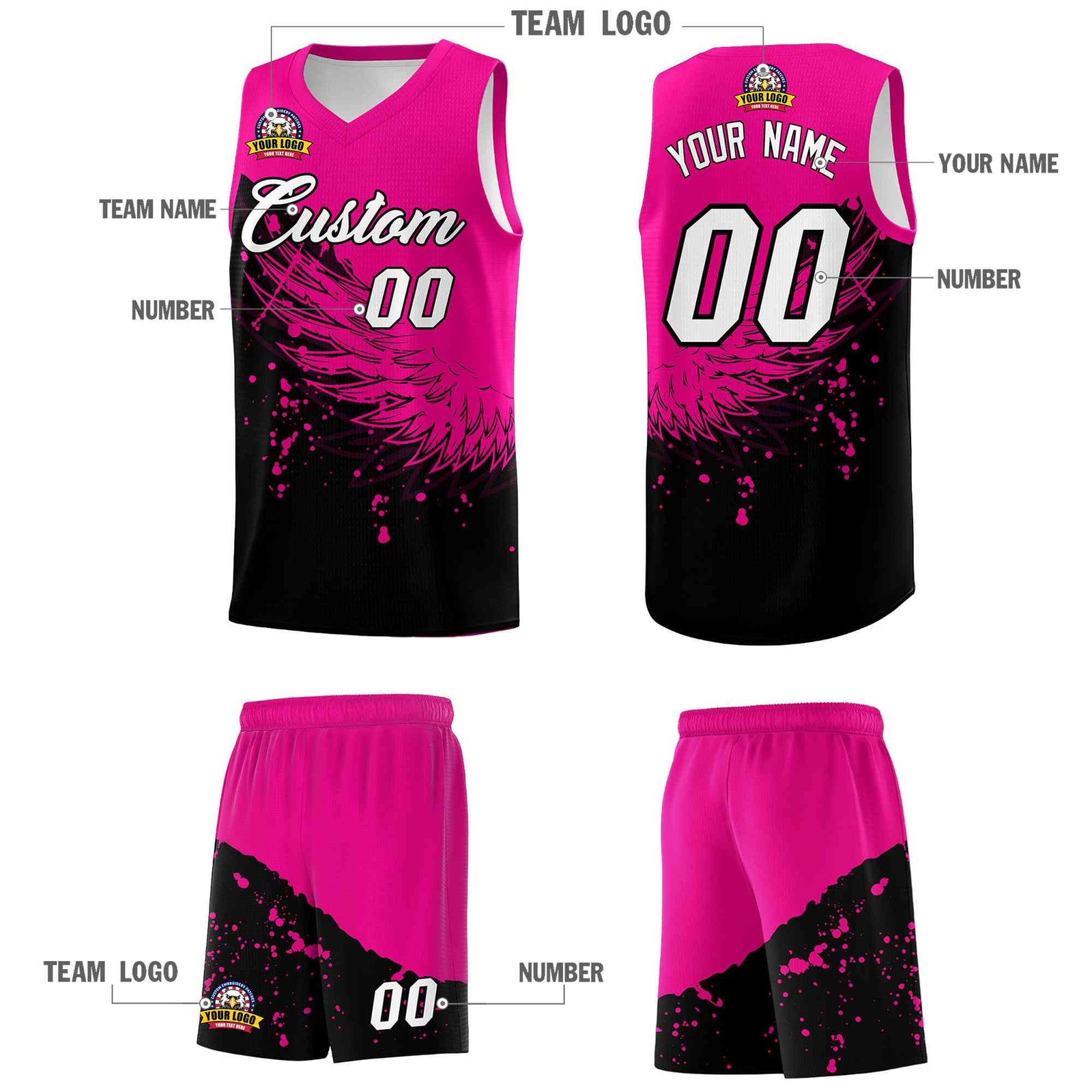 Custom Black Pink Wing Pattern Sports Uniform Basketball Jersey| KXKSHOP