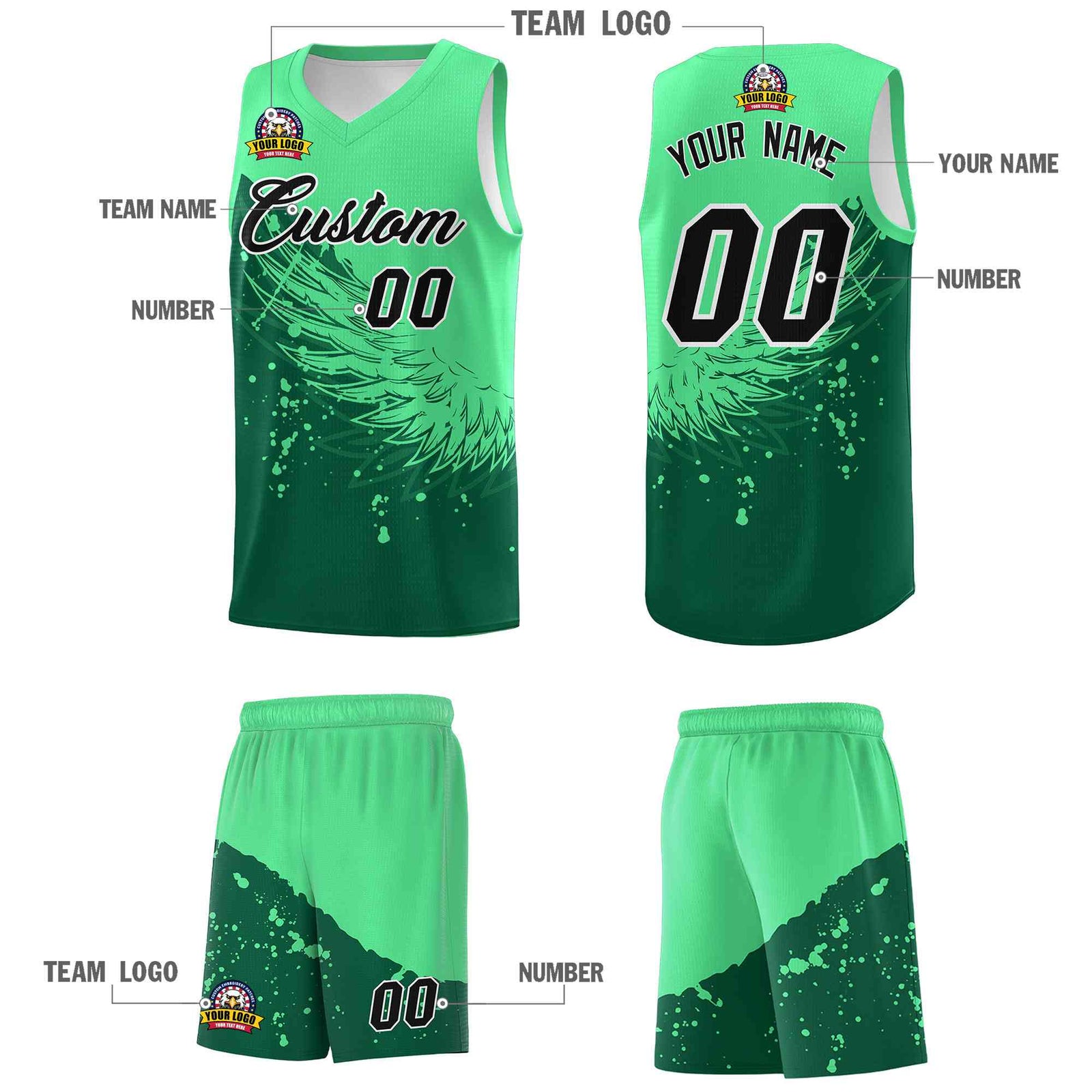 Custom Kelly Green Green Wing Pattern Sports Uniform Basketball Jersey| KXKSHOP