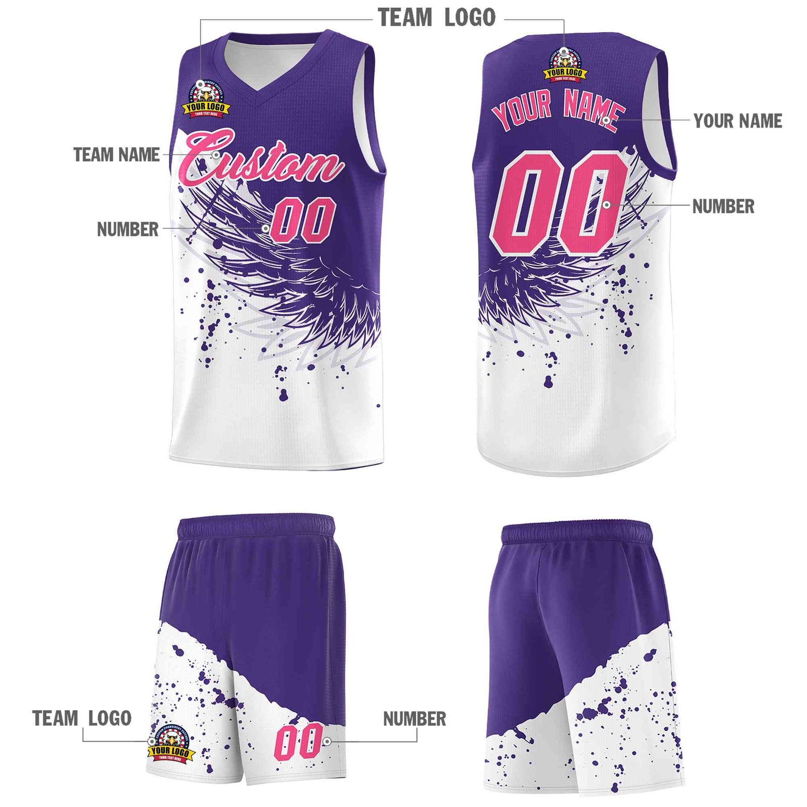 Custom White Purple Wing Pattern Sports Uniform Basketball Jersey| KXKSHOP