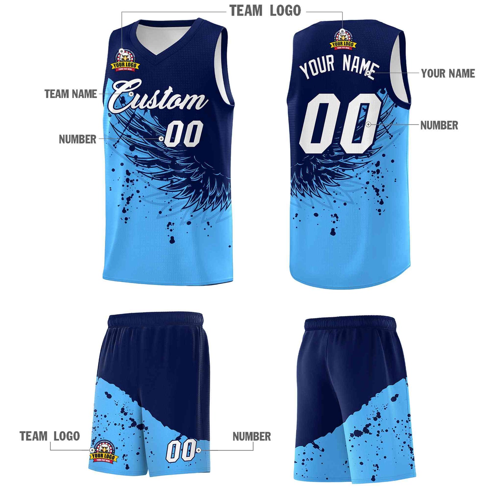 Custom Powder Blue Navy Wing Pattern Sports Uniform Basketball Jersey| KXKSHOP
