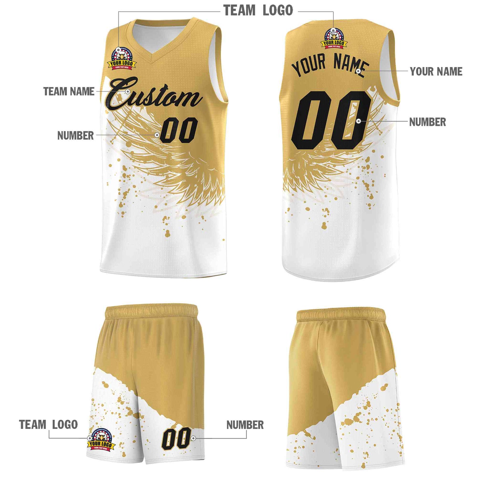 Custom White Old Gold Wing Pattern Sports Uniform Basketball Jersey| KXKSHOP