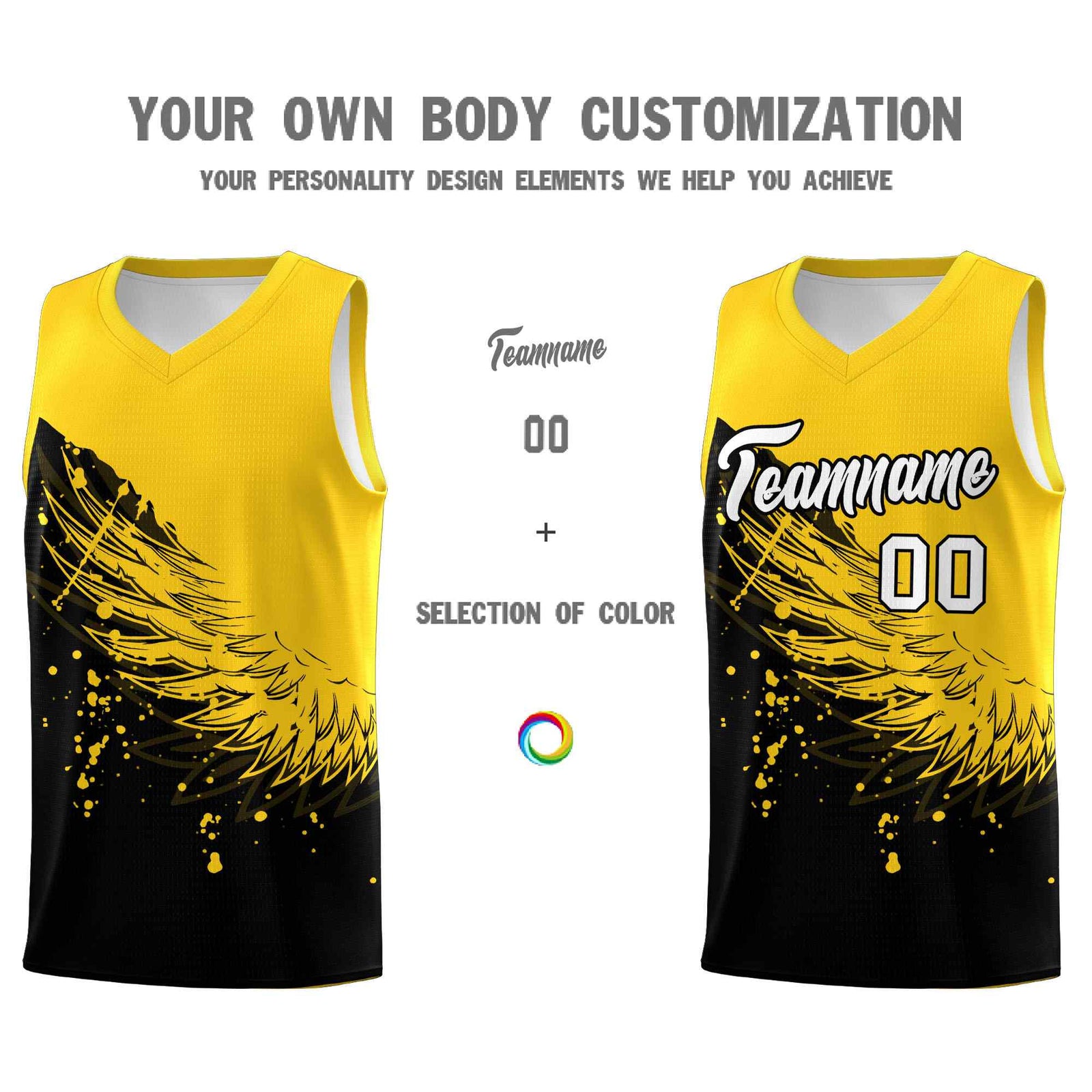 Custom Black Gold Wing Pattern Sports Uniform Basketball Jersey