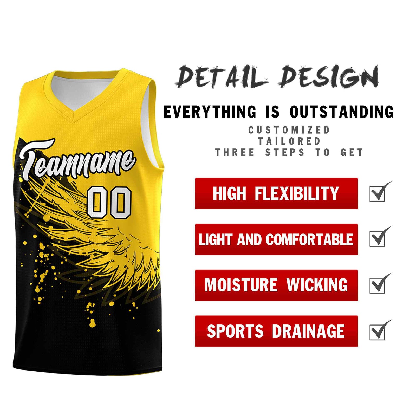Custom Black Gold Wing Pattern Sports Uniform Basketball Jersey