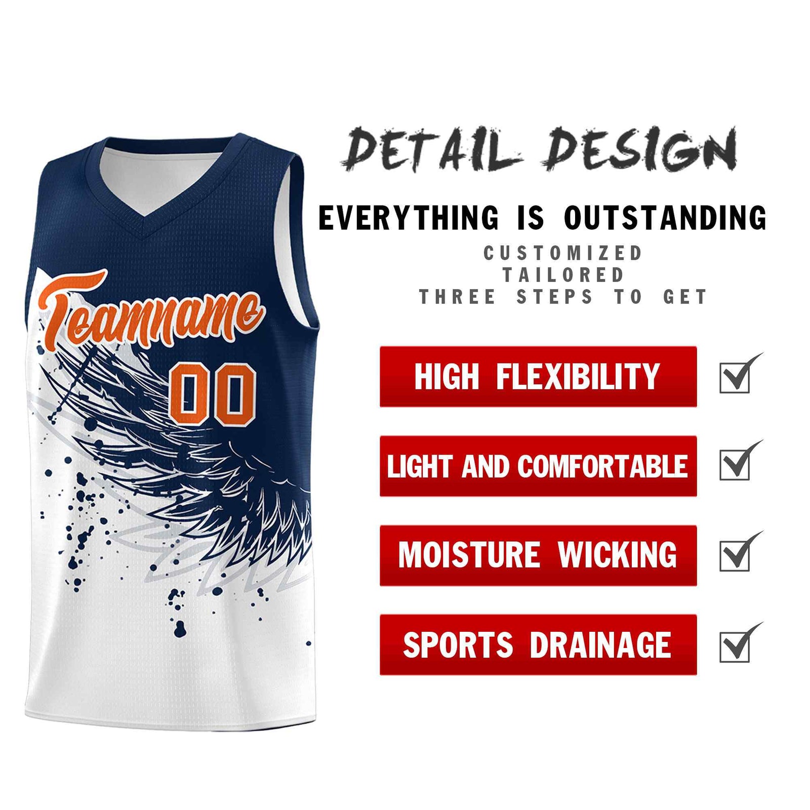 Custom White Navy Wing Pattern Sports Uniform Basketball Jersey