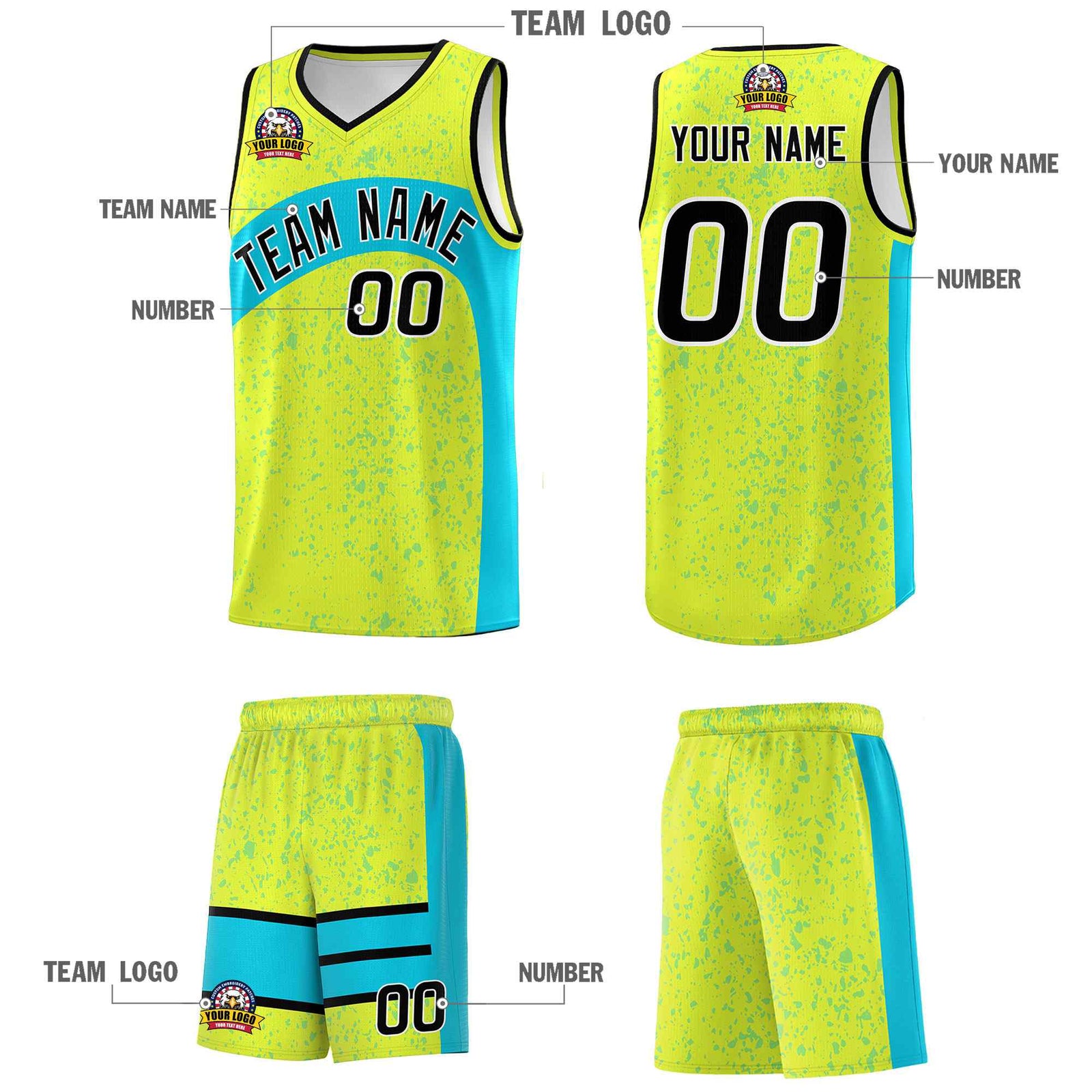 Custom Fluorescent Green Sky Blue Dot Graffiti Pattern Irregular Team Names Sports Uniform Basketball Jersey