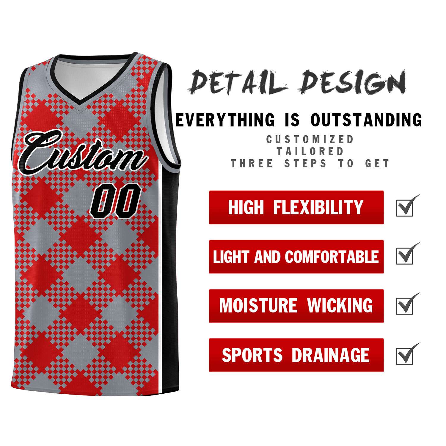 Personalized Gray Red-White Grid Basketball Kits