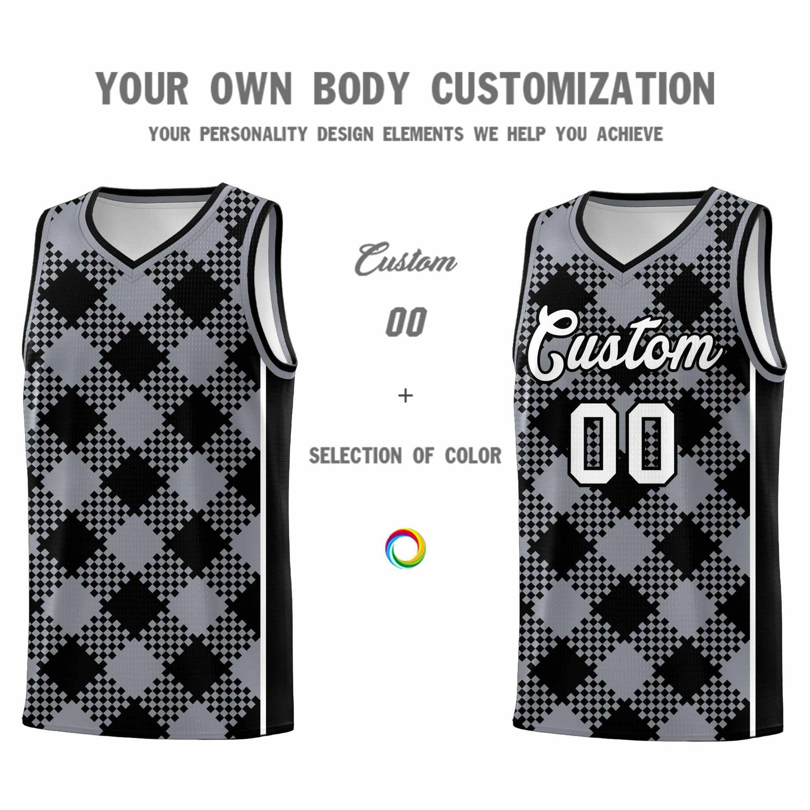 Personalized Gray Black-White Grid Basketball Kits