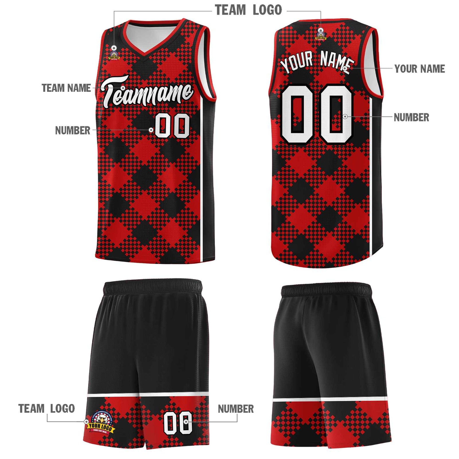 Personalized Red Black-White Grid Basketball Kits